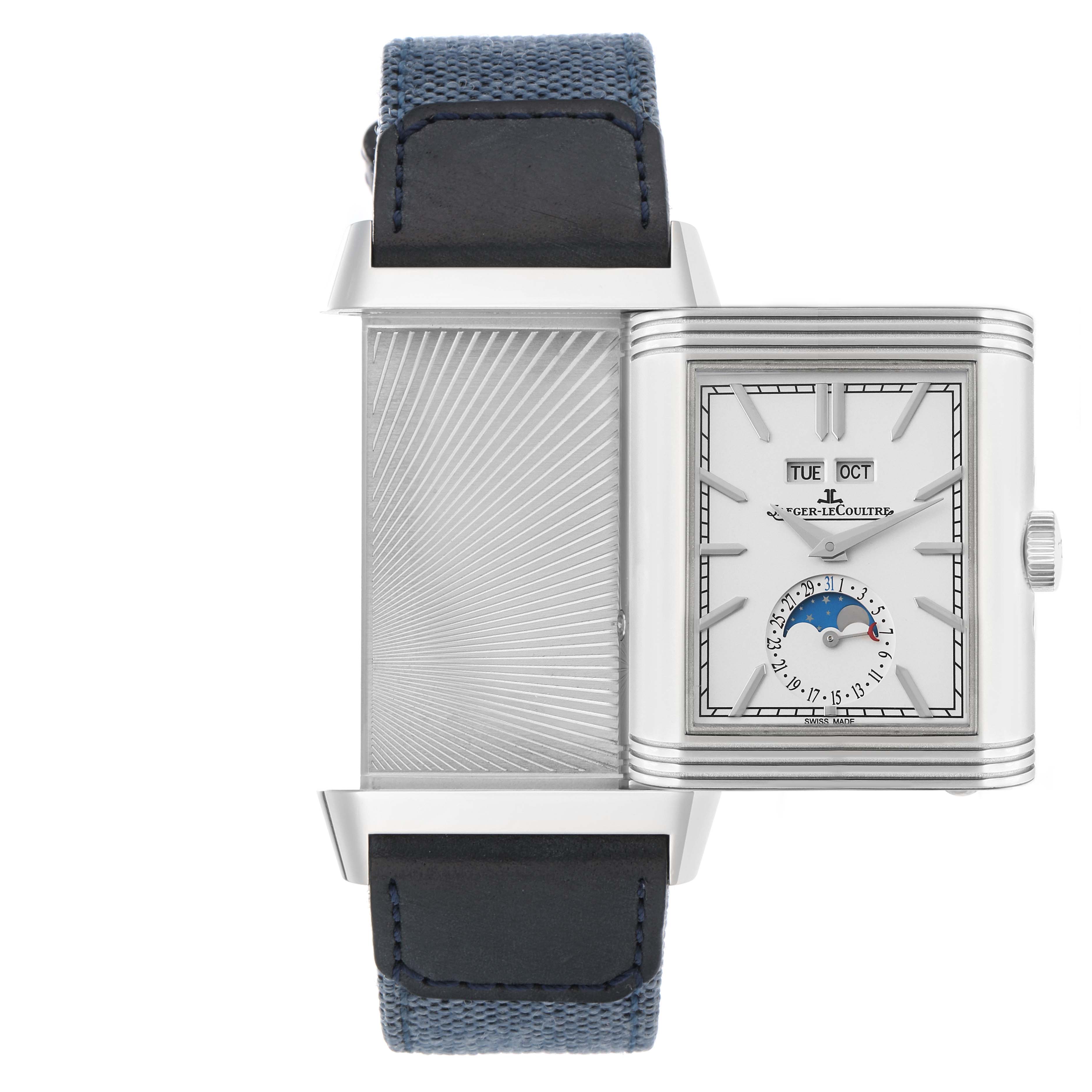 The Jaeger LeCoultre Reverso Q3918420 Men's Stainless Steel Silver Dial watch is shown in an open position, displaying the front dial and the reverse patterned side.