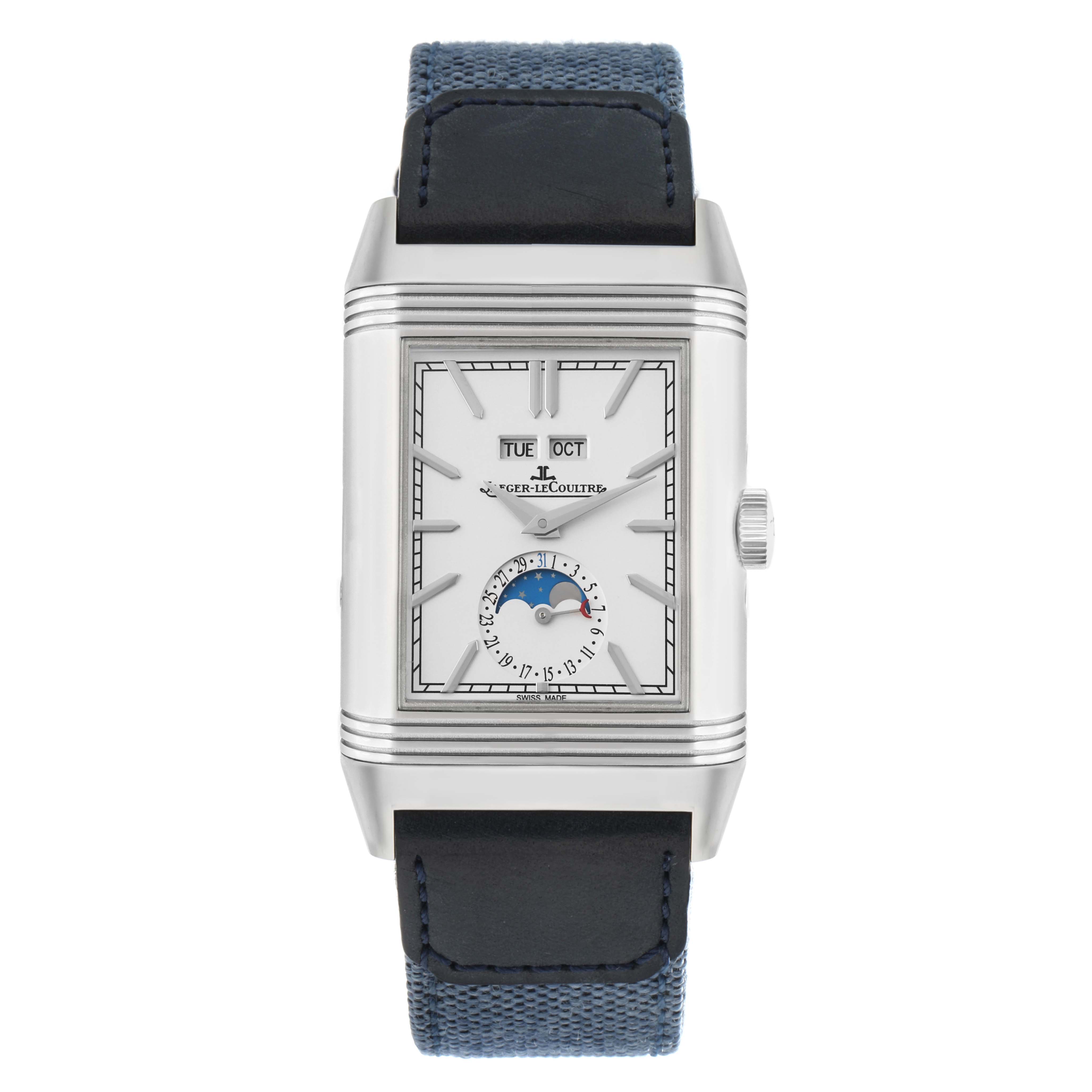 The Jaeger-LeCoultre Reverso watch is shown from the front, displaying the dial, crown, and strap.