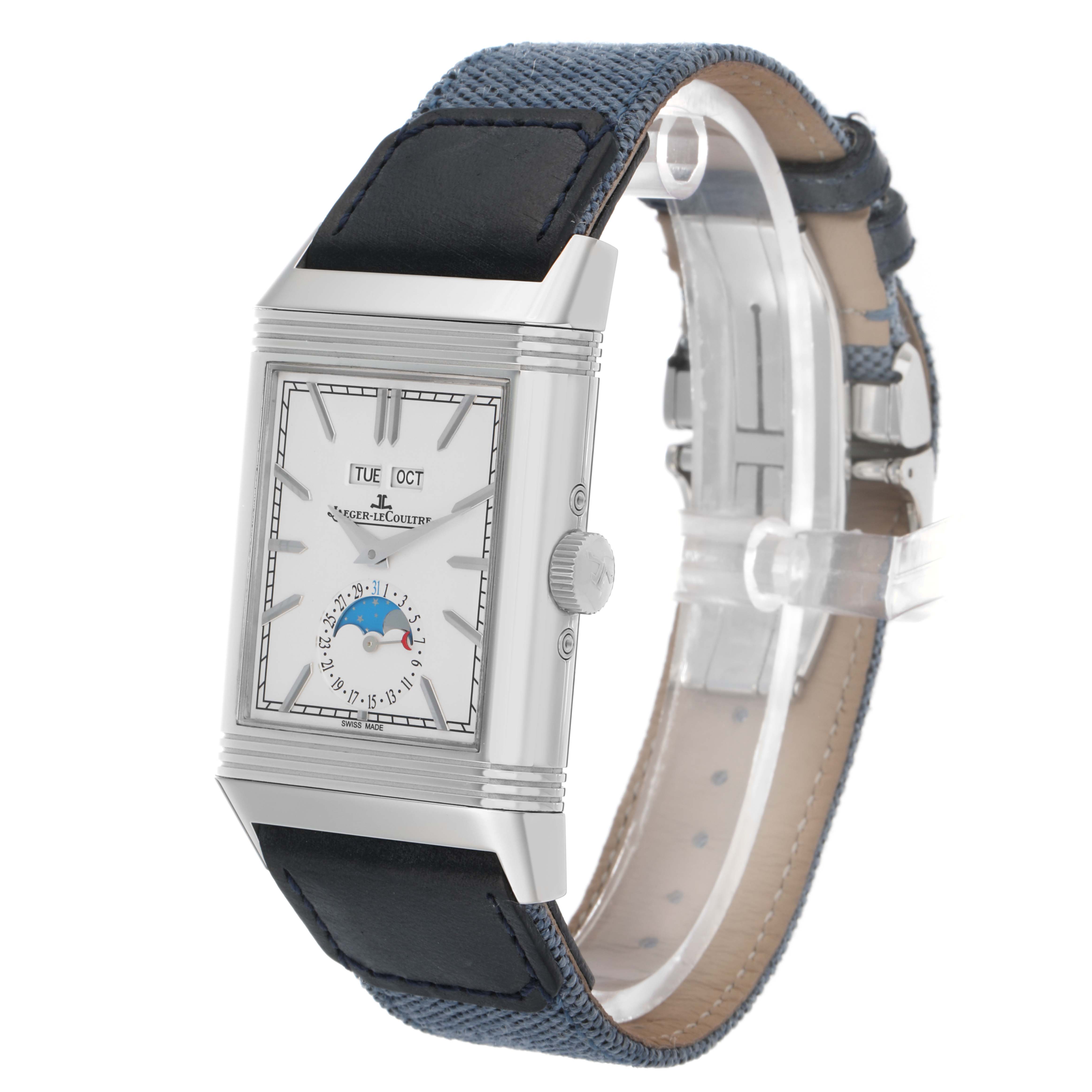 The Jaeger LeCoultre Reverso Q3918420 Men's Stainless Steel Silver Dial watch is shown from a front side angle, highlighting the face, crown, and leather strap.