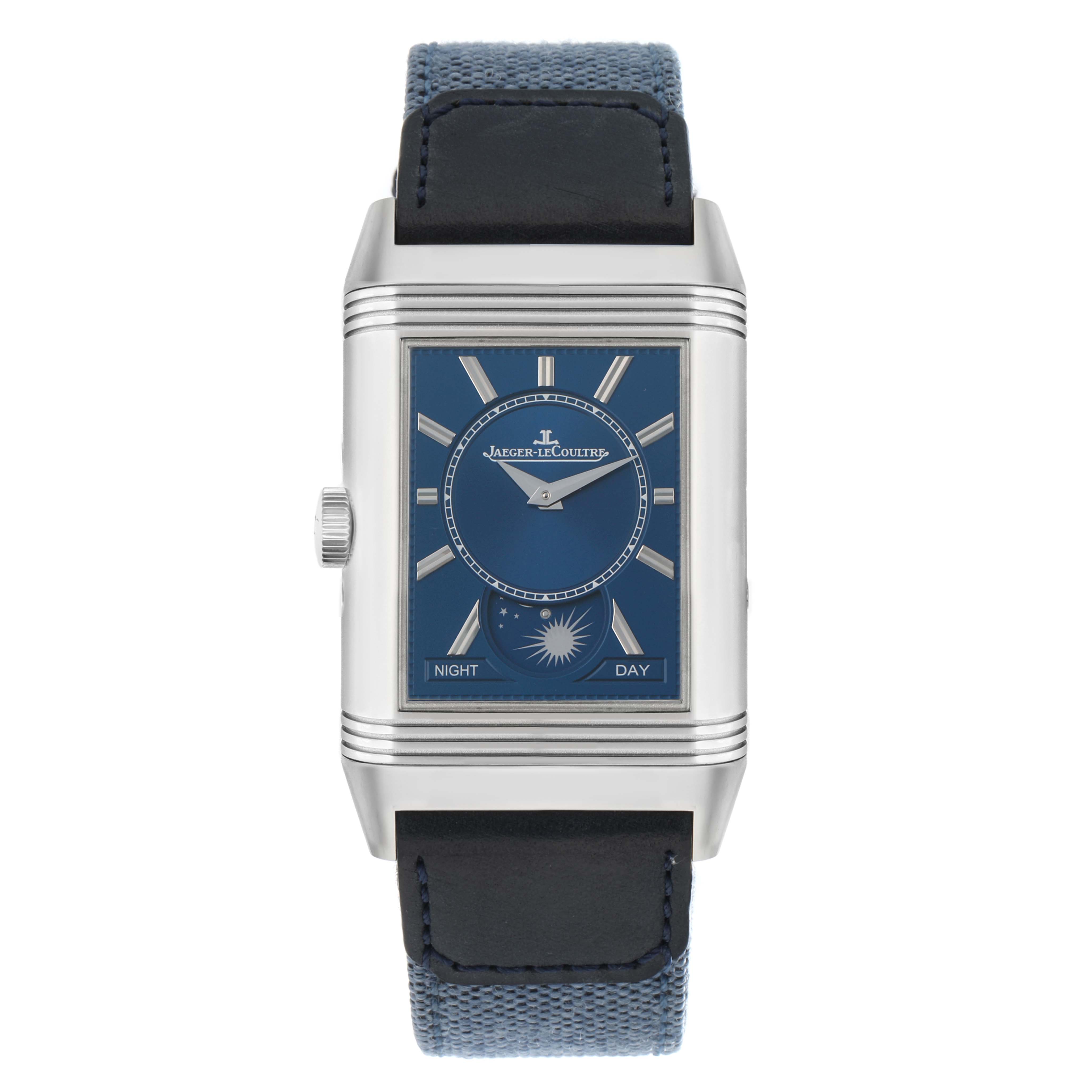 The Jaeger-LeCoultre Reverso watch is shown from the front, displaying its blue dial, case, crown, and strap.
