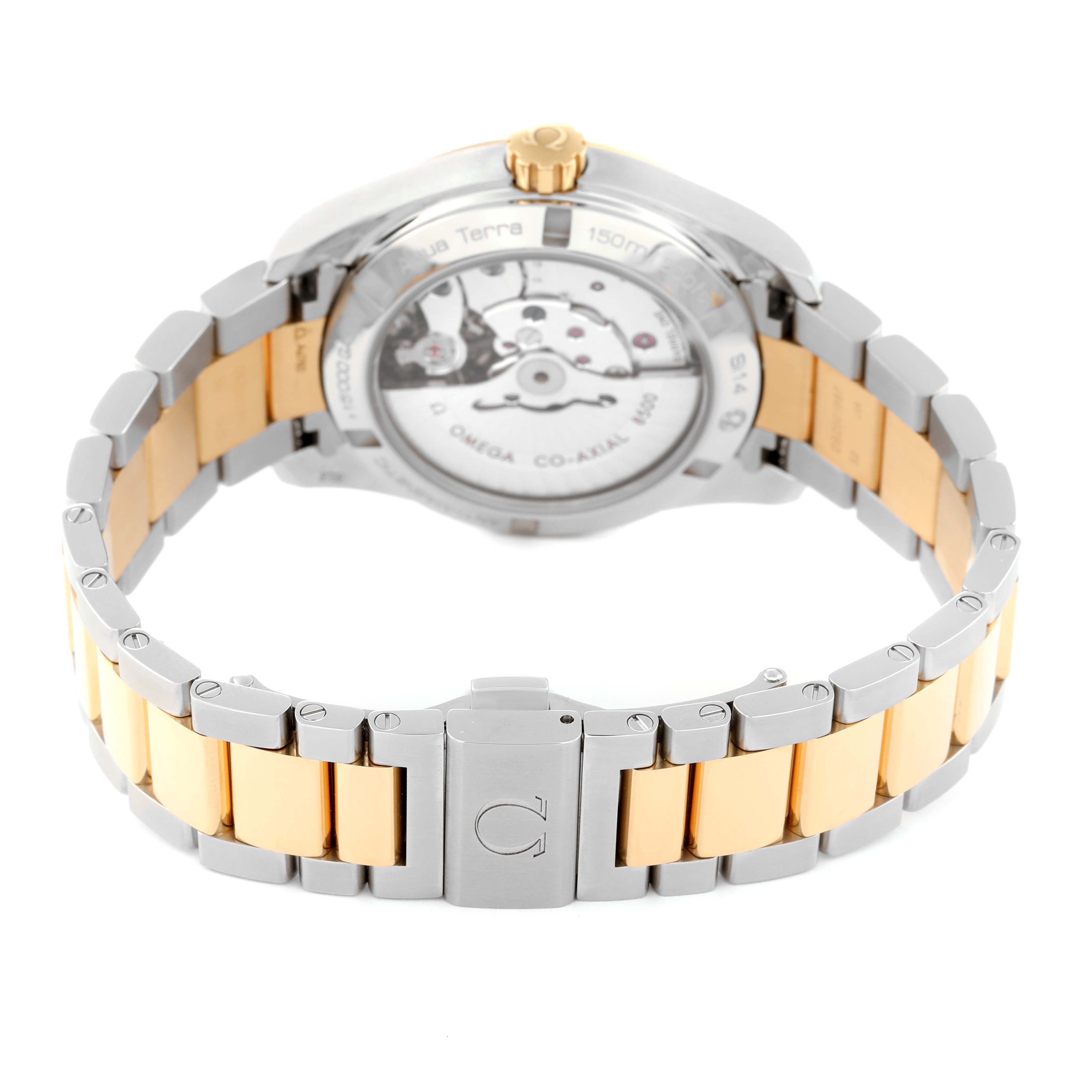 This image shows the back view of the Omega Aqua Terra 231.20.39.21.02.002 Men's Steel and Gold (two tone) Silver Dial 231.20.39.21.02.002 Men's Steel and Gold (two tone) Silver Dial watch, highlighting its two-tone bracelet and see-through case back.