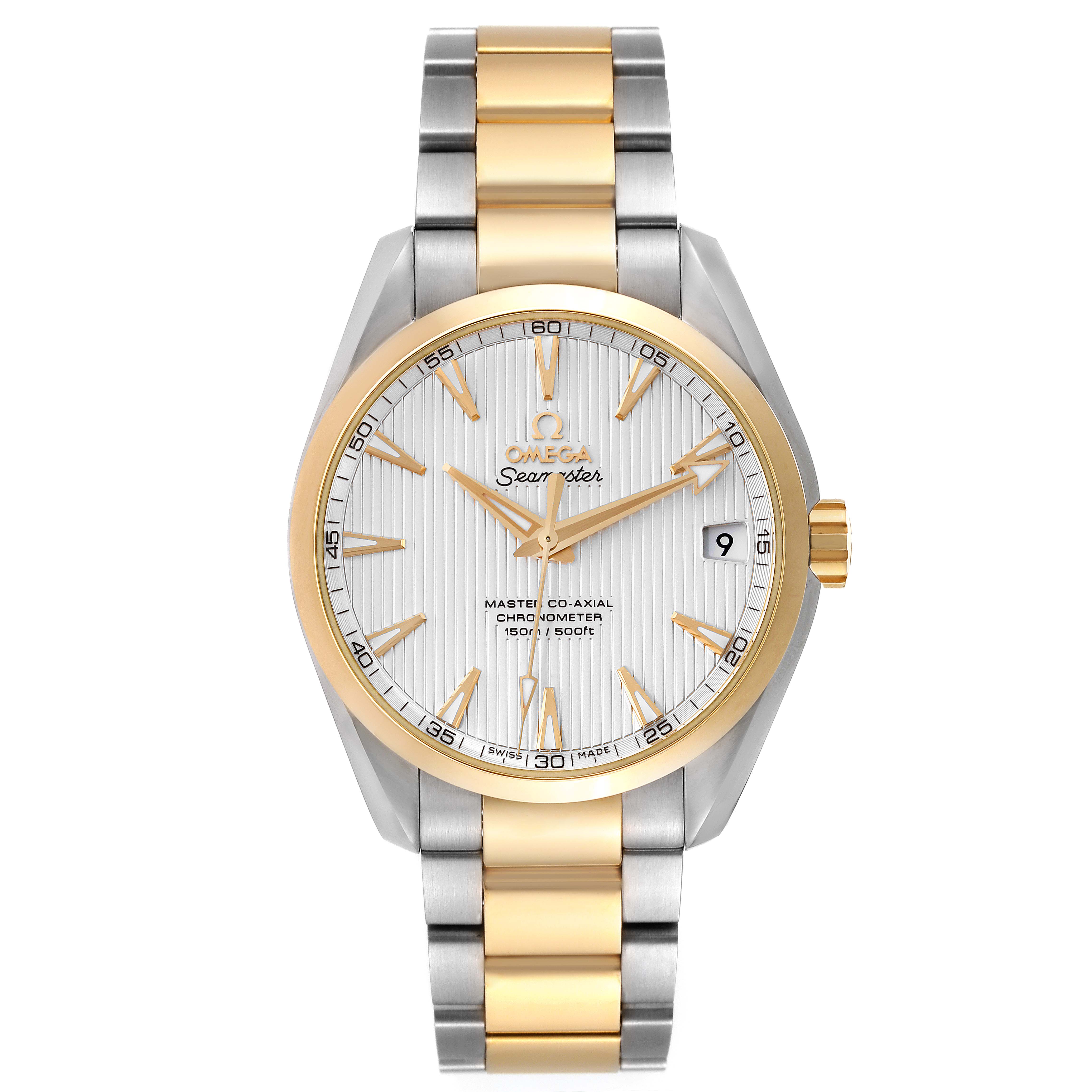 The image shows a frontal view of an Omega Aqua Terra 231.20.39.21.02.002 Men's Steel and Gold (two tone) Silver Dial 231.20.39.21.02.002 Men's Steel and Gold (two tone) Silver Dial watch, displaying the dial, bezel, hands, hour markers, date window, and bracelet.