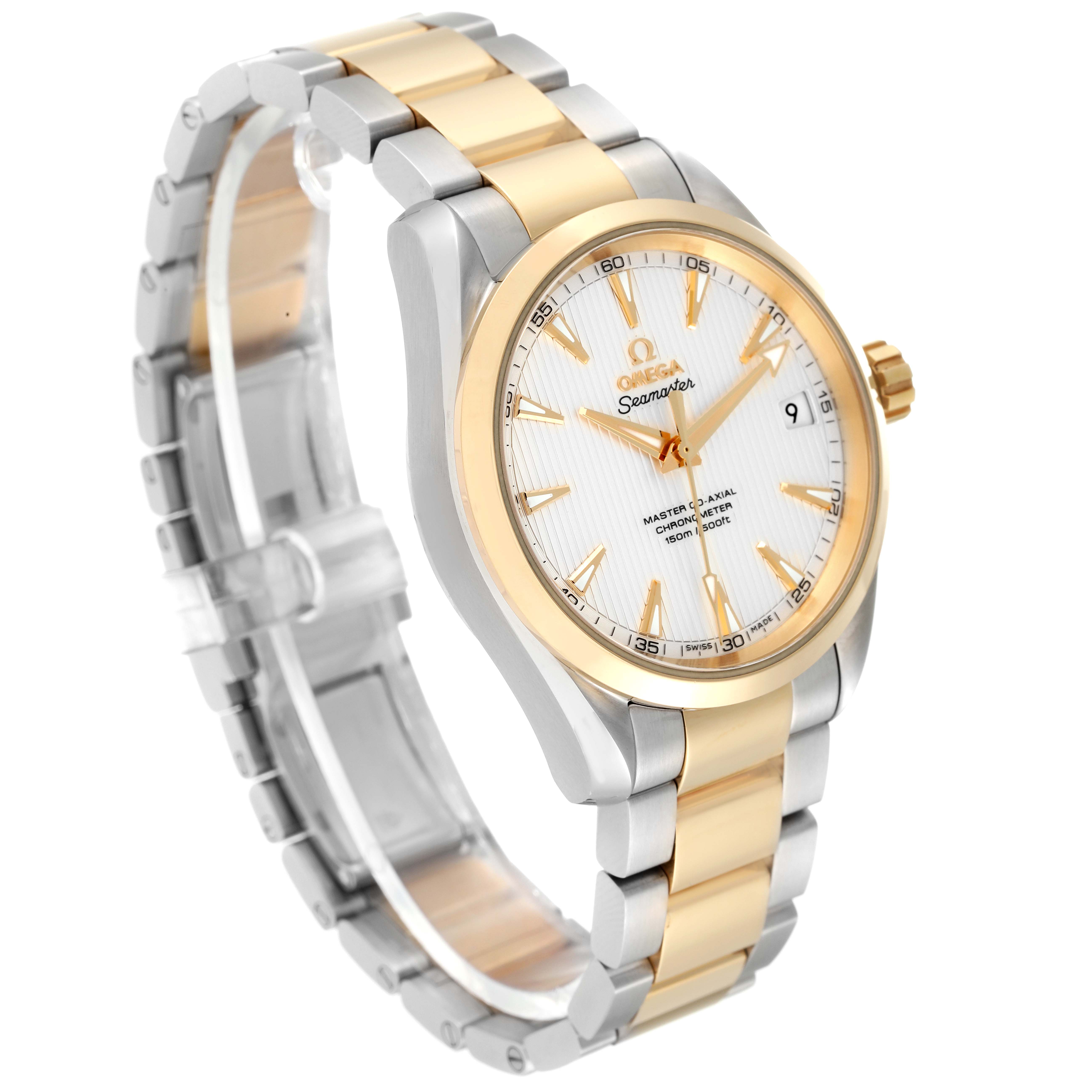 This Omega Aqua Terra 231.20.39.21.02.002 Men's Steel and Gold (two tone) Silver Dial 231.20.39.21.02.002 Men's Steel and Gold (two tone) Silver Dial watch is shown from an angled side view, highlighting its face, bracelet, and clasp.