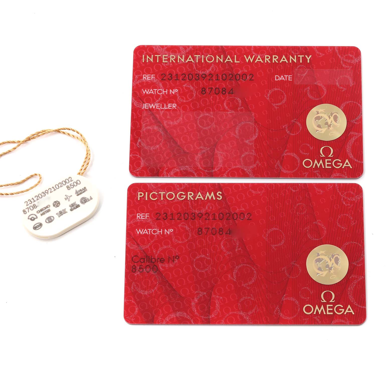 The image shows two red Omega Aqua Terra 231.20.39.21.02.002 Men's Steel and Gold (two tone) Silver Dial 231.20.39.21.02.002 Men's Steel and Gold (two tone) Silver Dial authenticity and warranty cards, and a white tag with the watch details at a top view angle.