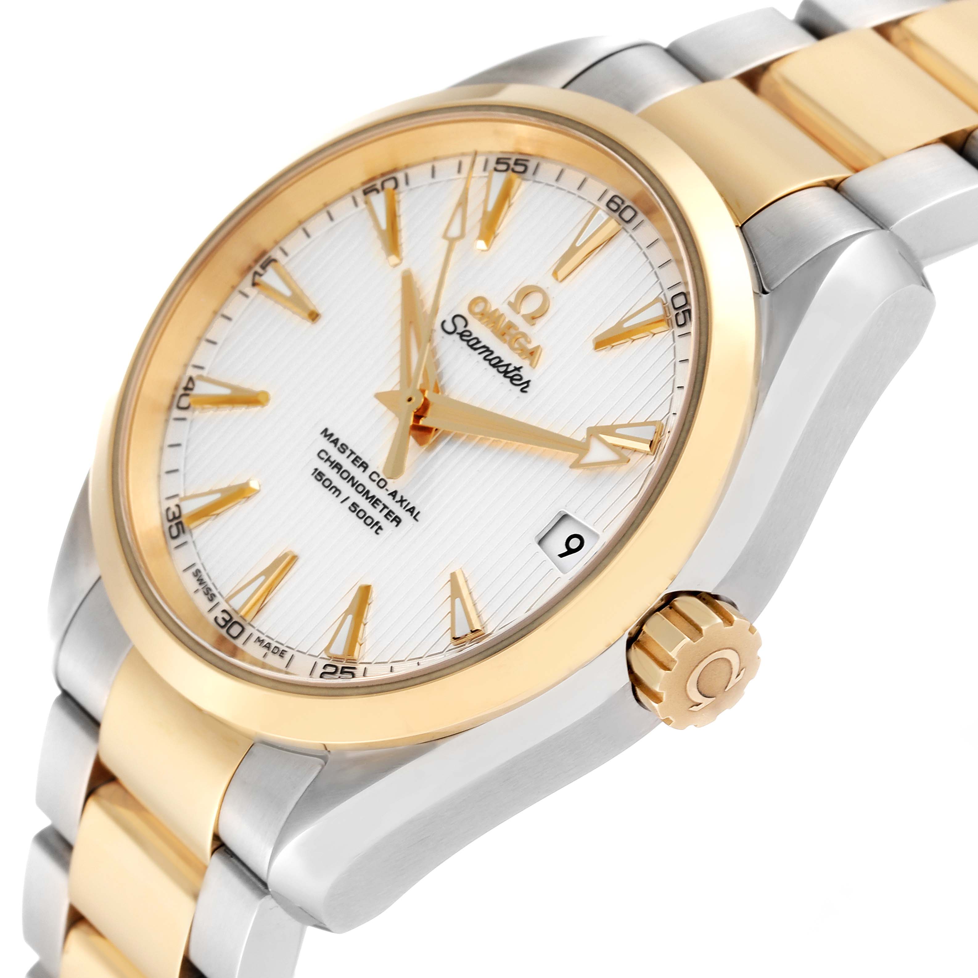 The Omega Aqua Terra 231.20.39.21.02.002 Men's Steel and Gold (two tone) Silver Dial 231.20.39.21.02.002 Men's Steel and Gold (two tone) Silver Dial watch is shown with a diagonal angle, highlighting the dial, bezel, crown, and part of the bracelet.