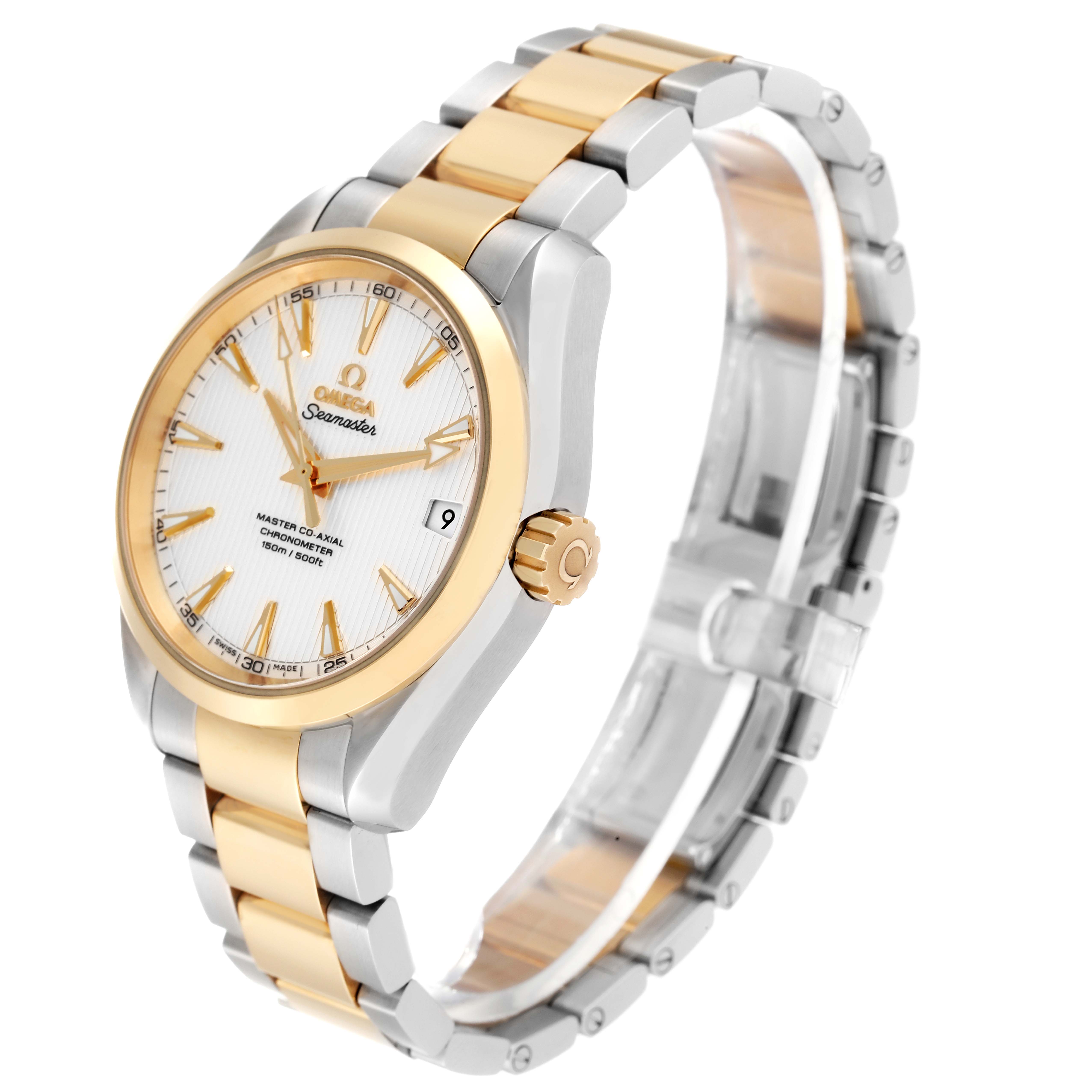 The Omega Aqua Terra 231.20.39.21.02.002 Men's Steel and Gold (two tone) Silver Dial 231.20.39.21.02.002 Men's Steel and Gold (two tone) Silver Dial watch is shown from a slight side angle, highlighting the face, bezel, crown, and bracelet.