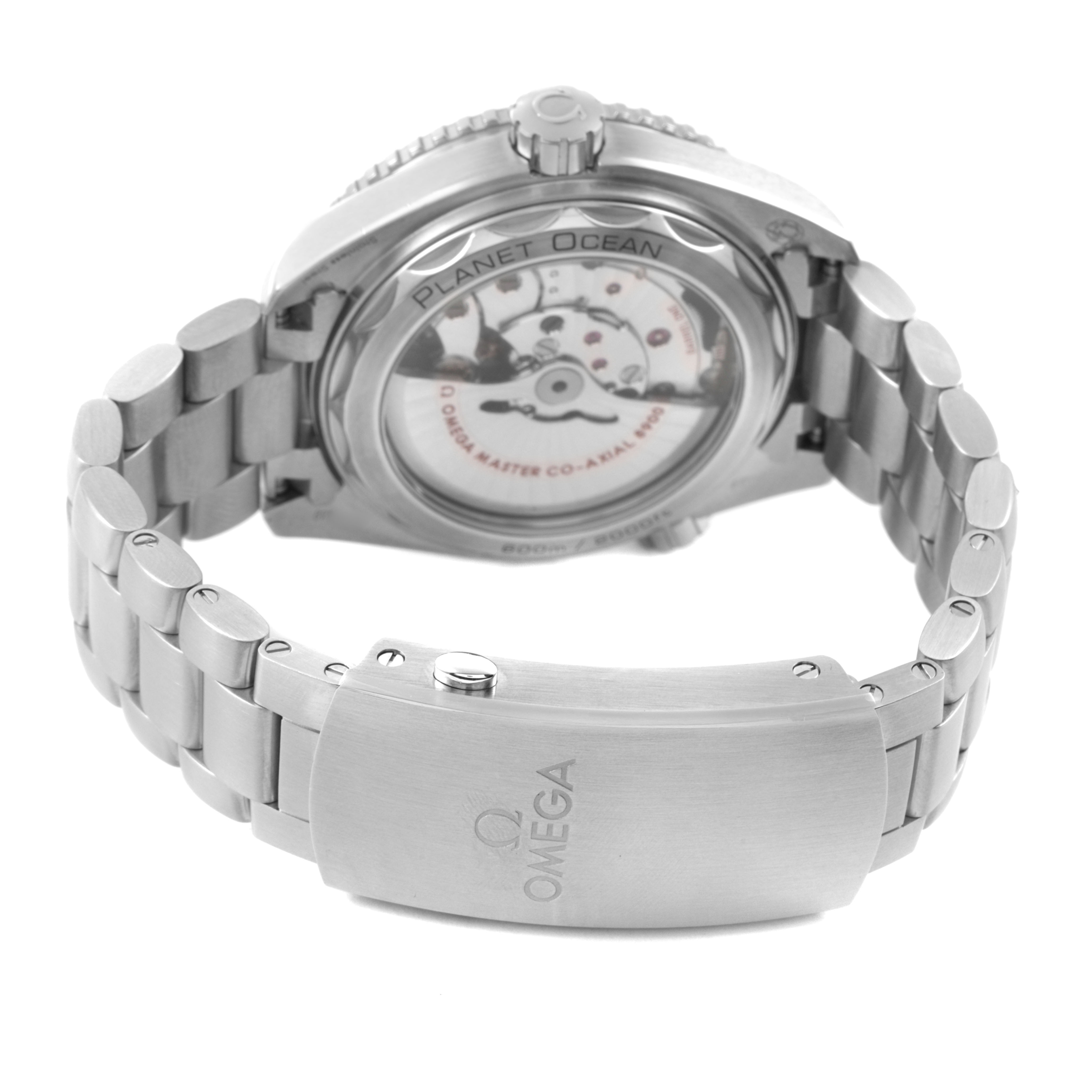 The Omega Seamaster 215.32.44.21.01.001 Men's Stainless Steel Black Dial watch is shown from the back, revealing the case back, bracelet, and clasp.