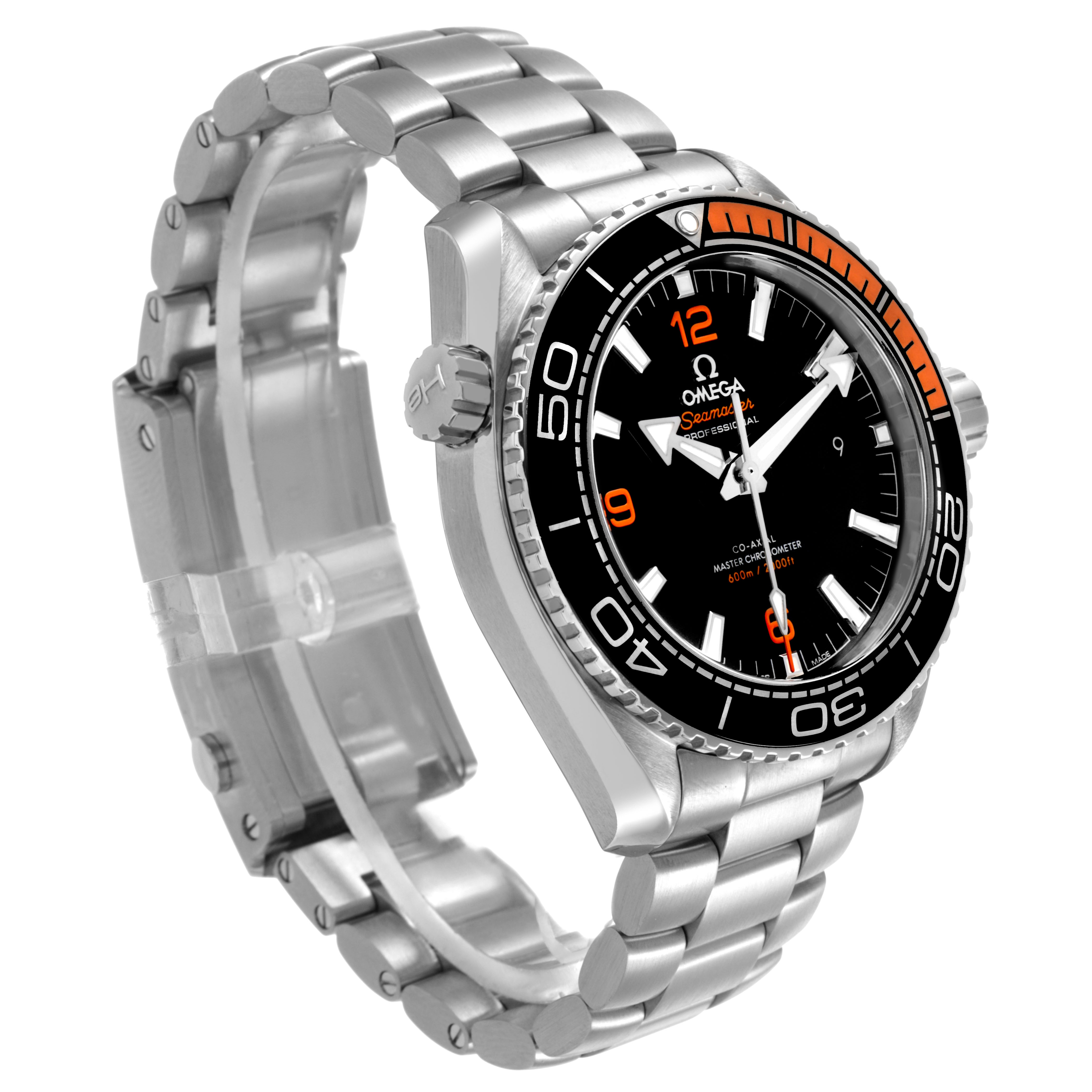 The Omega Seamaster 215.32.44.21.01.001 Men's Stainless Steel Black Dial watch is shown from an angled perspective, displaying the bezel, dial, and metal bracelet prominently.