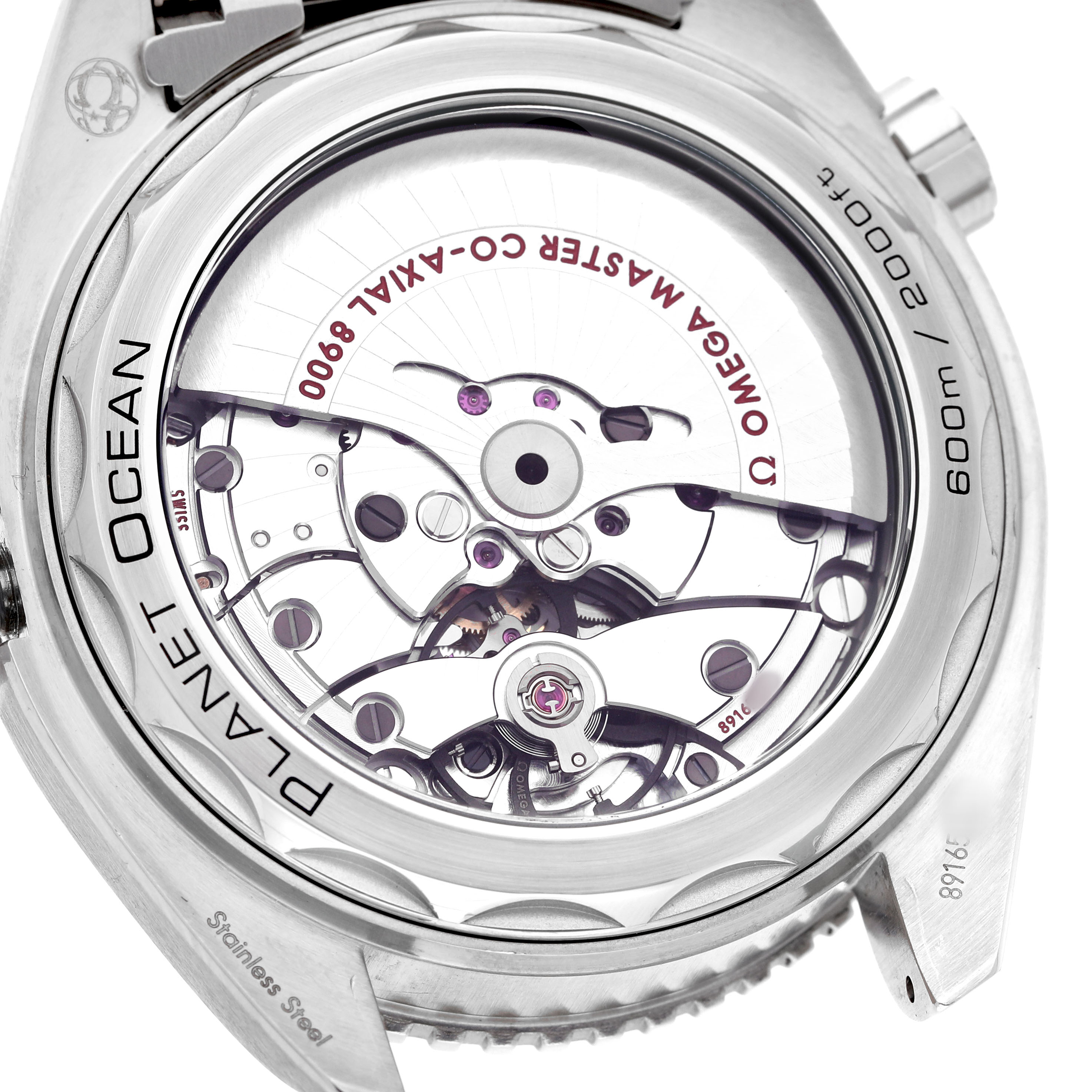 The image shows the back of an Omega Seamaster 215.32.44.21.01.001 Men's Stainless Steel Black Dial watch, highlighting its exposed movement and "Planet Ocean" and "600m" engravings.