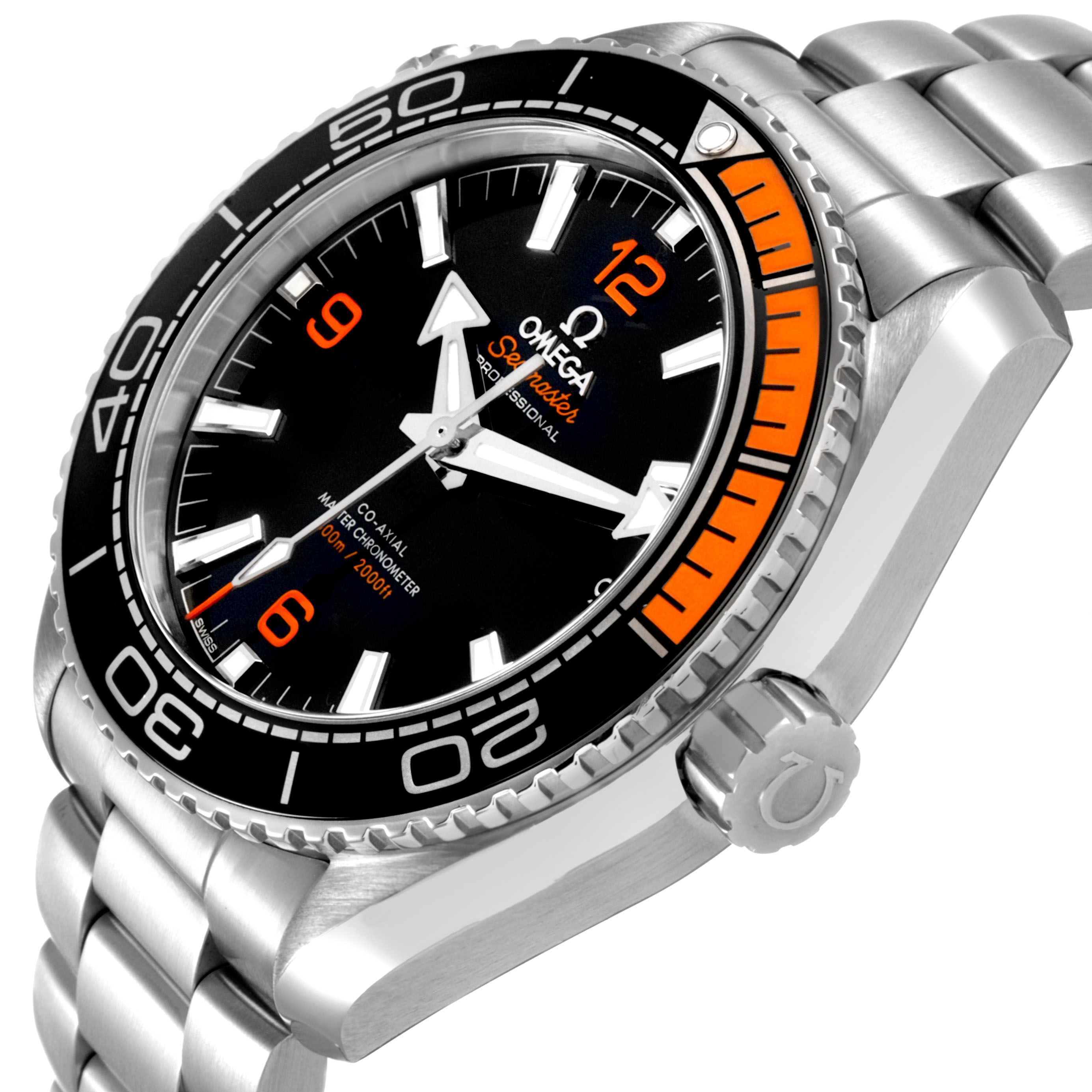 The Omega Seamaster 215.32.44.21.01.001 Men's Stainless Steel Black Dial watch is shown at an angled side view, highlighting the bezel, dial, bracelet, and crown.