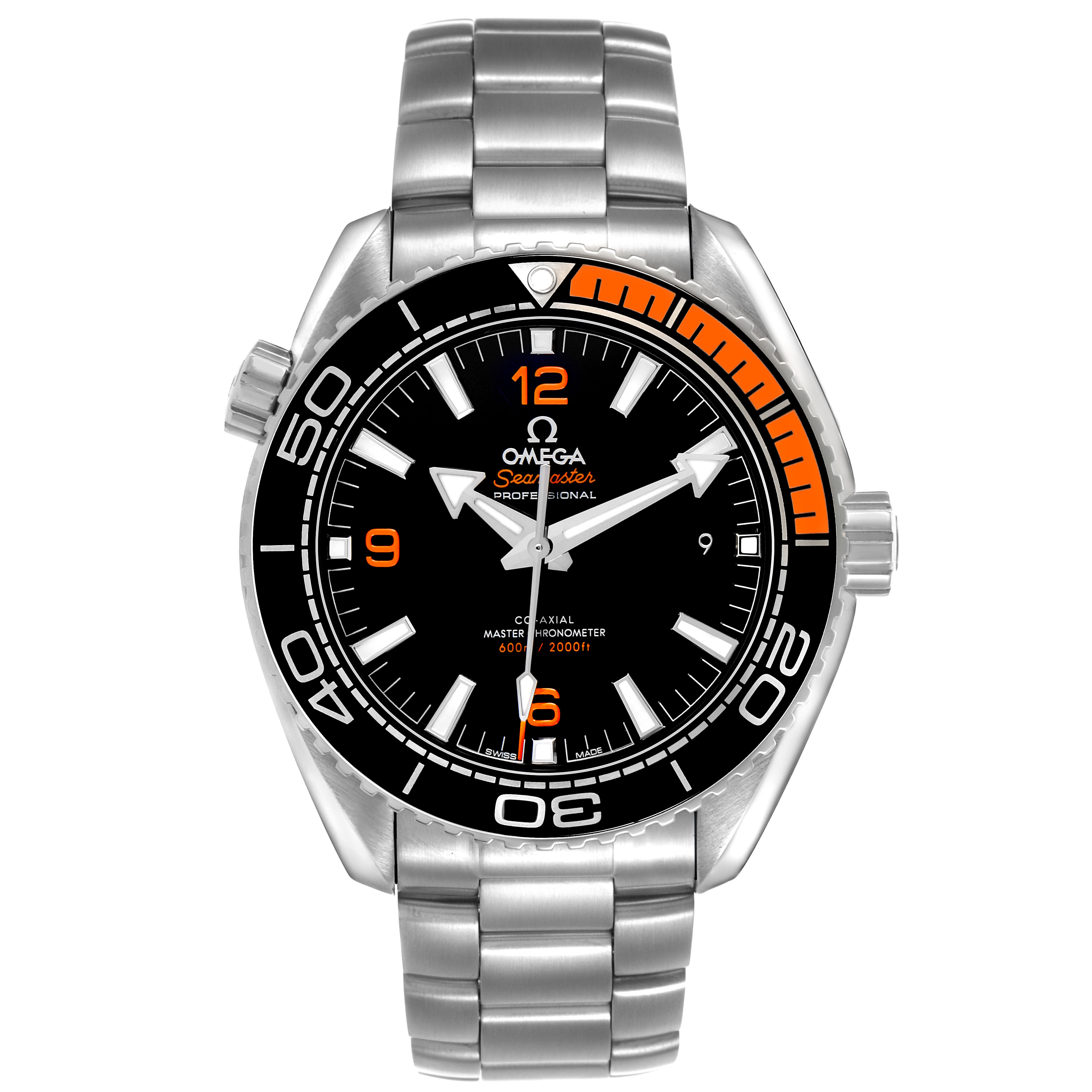 The Omega Seamaster 215.32.44.21.01.001 Men's Stainless Steel Black Dial watch is shown from the front, highlighting the face, bracelet, and bezel.