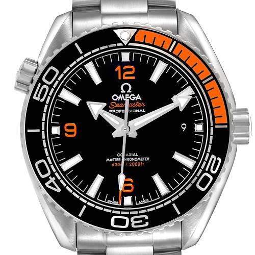 The Omega Seamaster 215.32.44.21.01.001 Men's Stainless Steel Black Dial watch is shown from the front, highlighting the dial, bezel, hands, and bracelet.