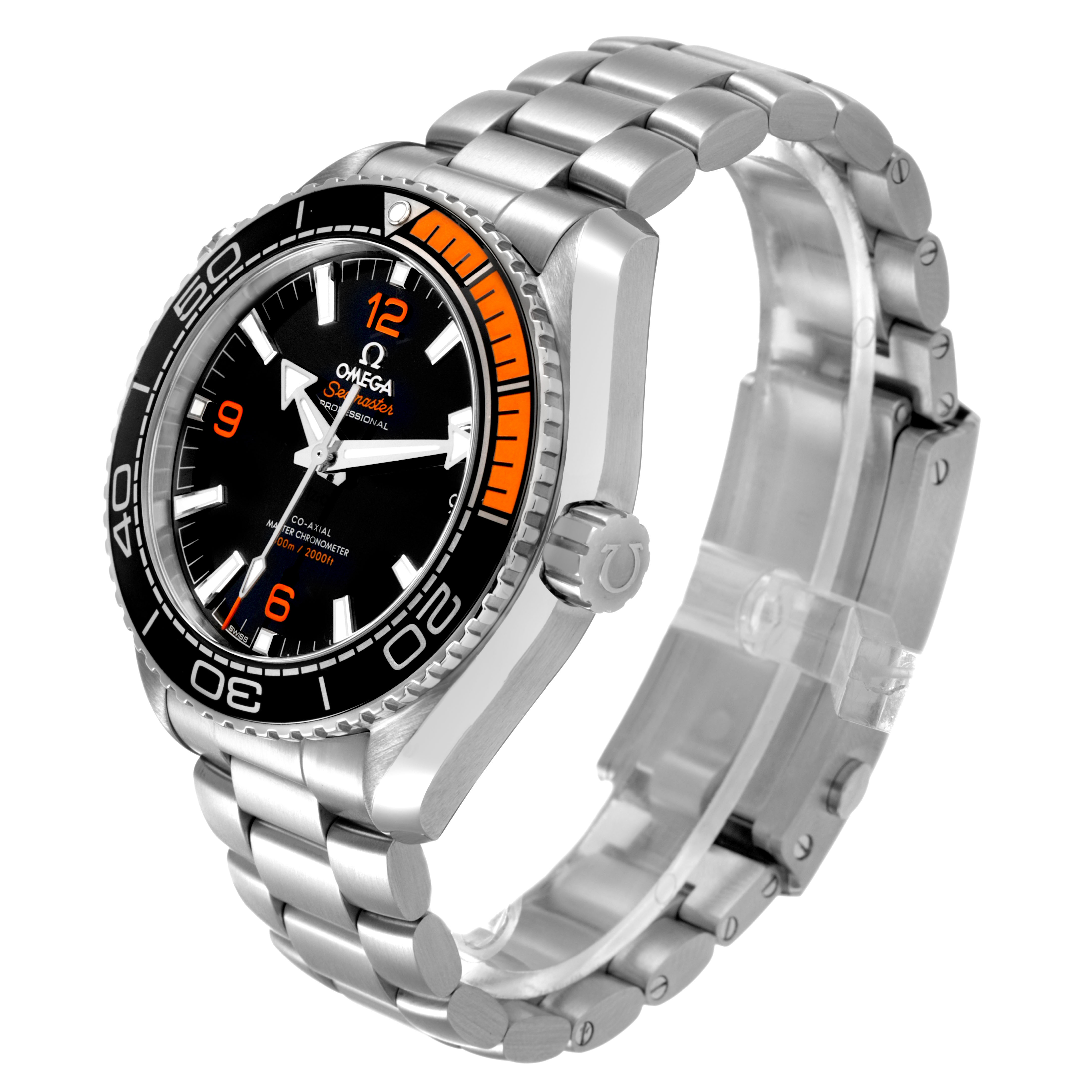 The Omega Seamaster 215.32.44.21.01.001 Men's Stainless Steel Black Dial watch is shown at a side angle, displaying its face, bezel, crown, and stainless steel bracelet.