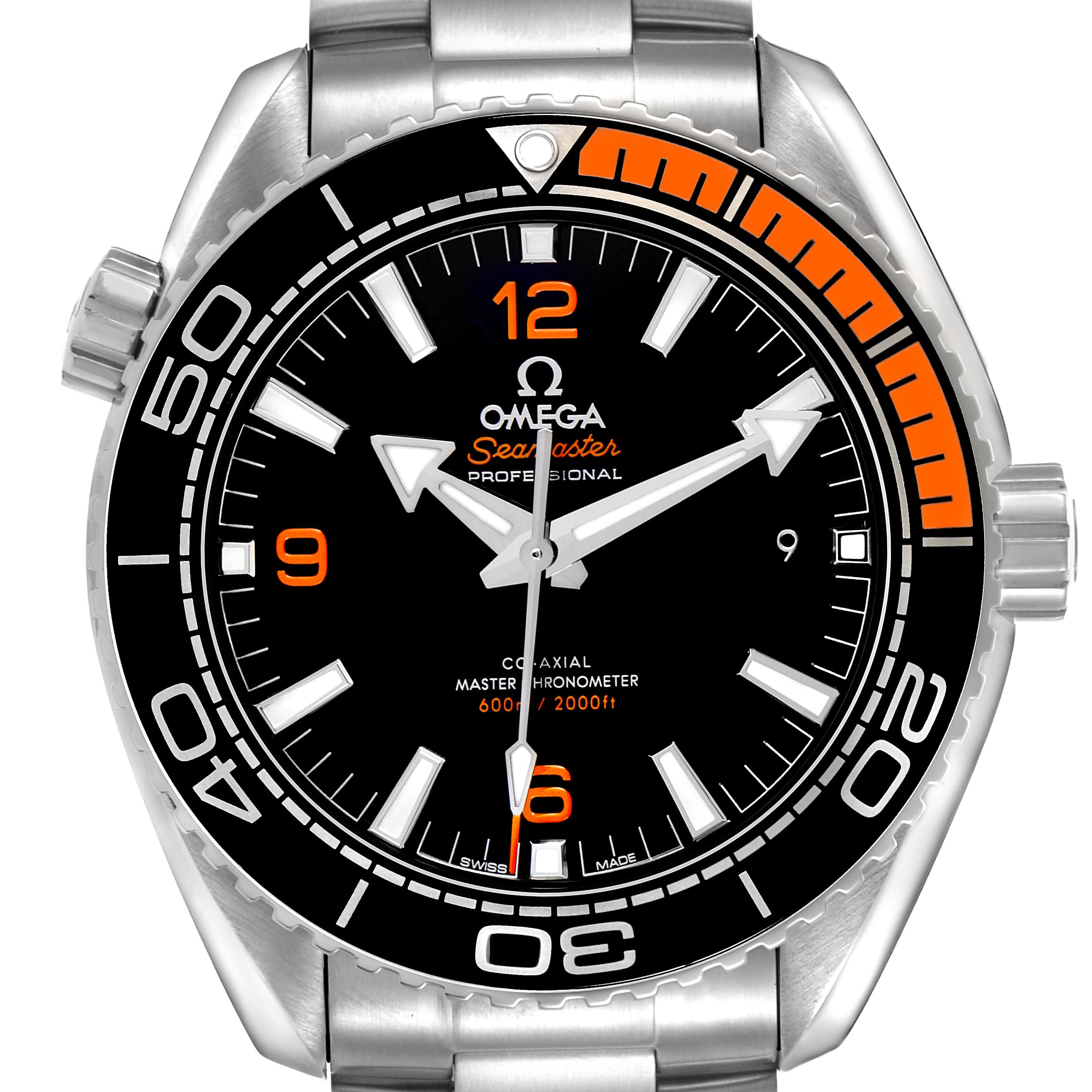 The Omega Seamaster 215.32.44.21.01.001 Men's Stainless Steel Black Dial watch is shown from the front, highlighting the dial, bezel, and case in detail.
