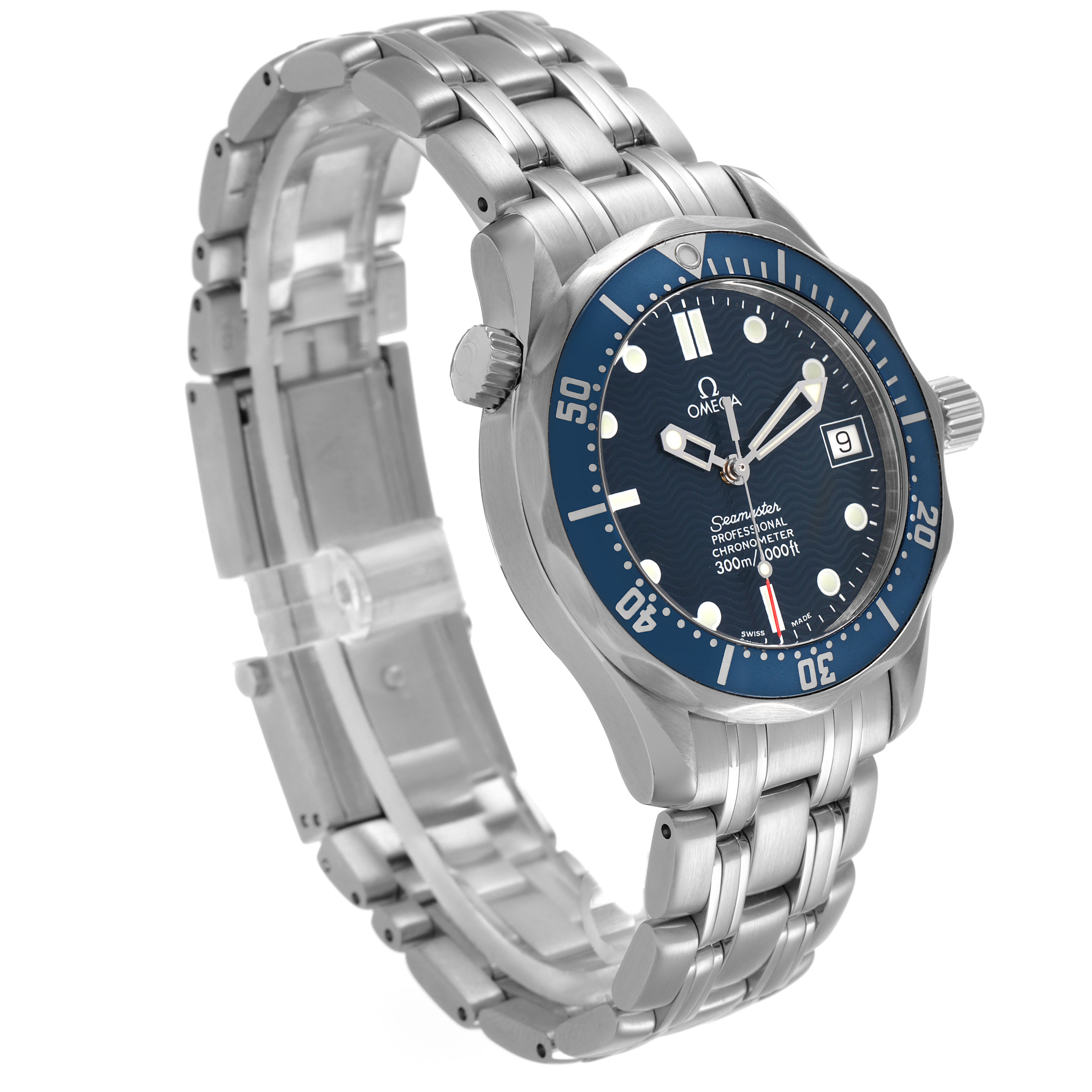 The Omega Seamaster 2551.80.00 Men's Stainless Steel Blue Dial watch is shown at a three-quarter angle, displaying the stainless steel bracelet, bezel, and dial with blue accents.