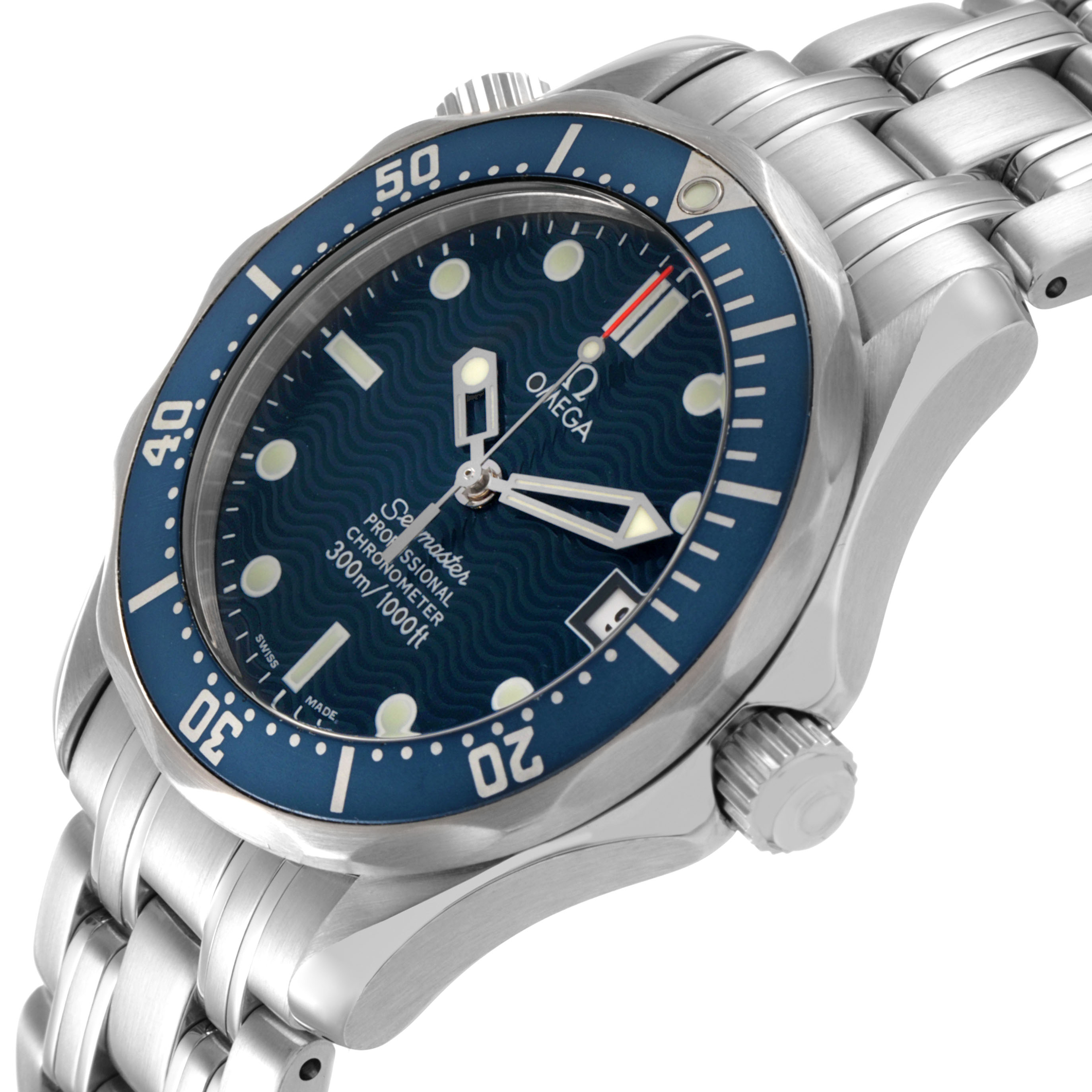 The Omega Seamaster 2551.80.00 Men's Stainless Steel Blue Dial watch is shown at a slight angle, highlighting the dial, bezel, crown, and bracelet.
