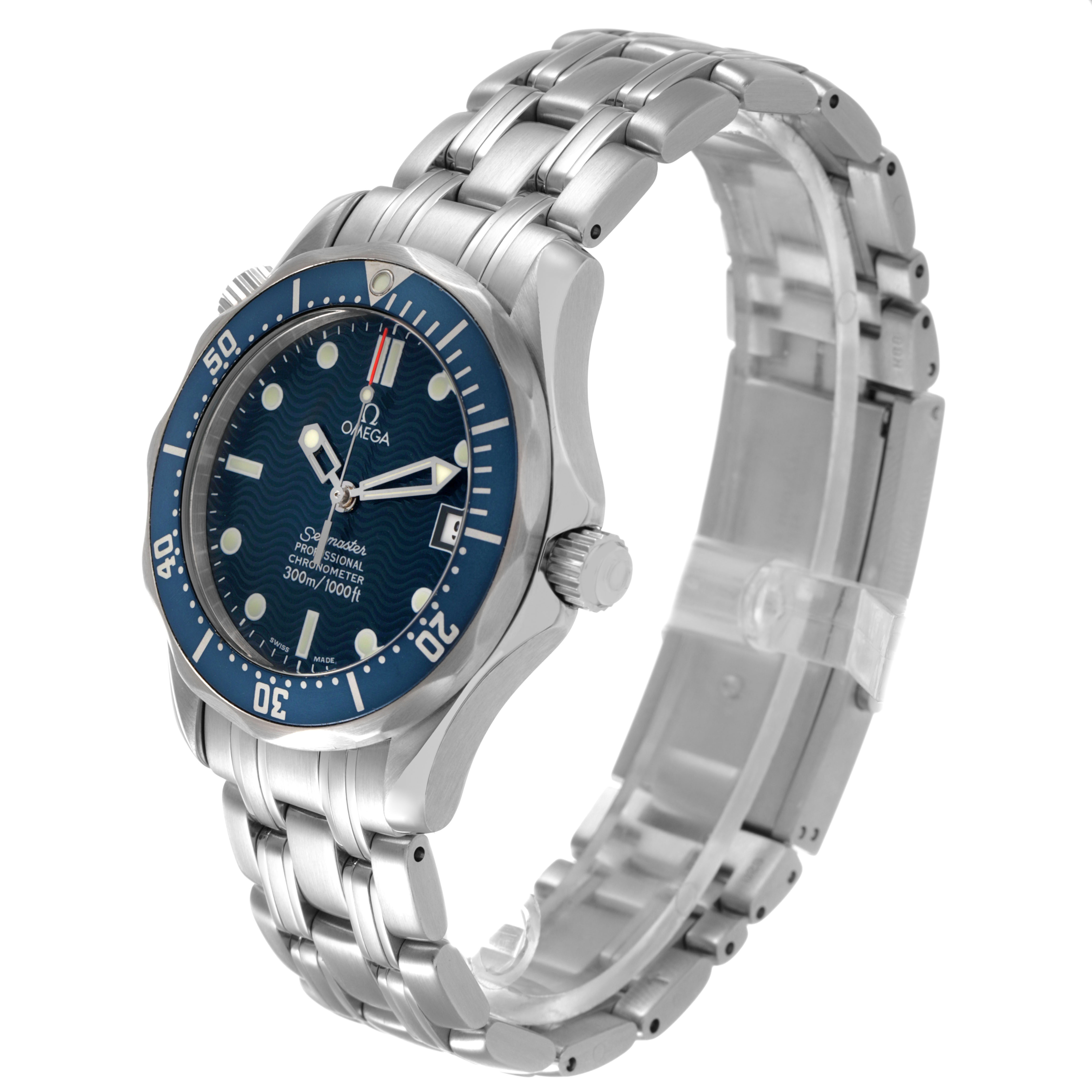 The Omega Seamaster 2551.80.00 Men's Stainless Steel Blue Dial watch is shown at a three-quarter angle, displaying its bracelet, bezel, and dial.