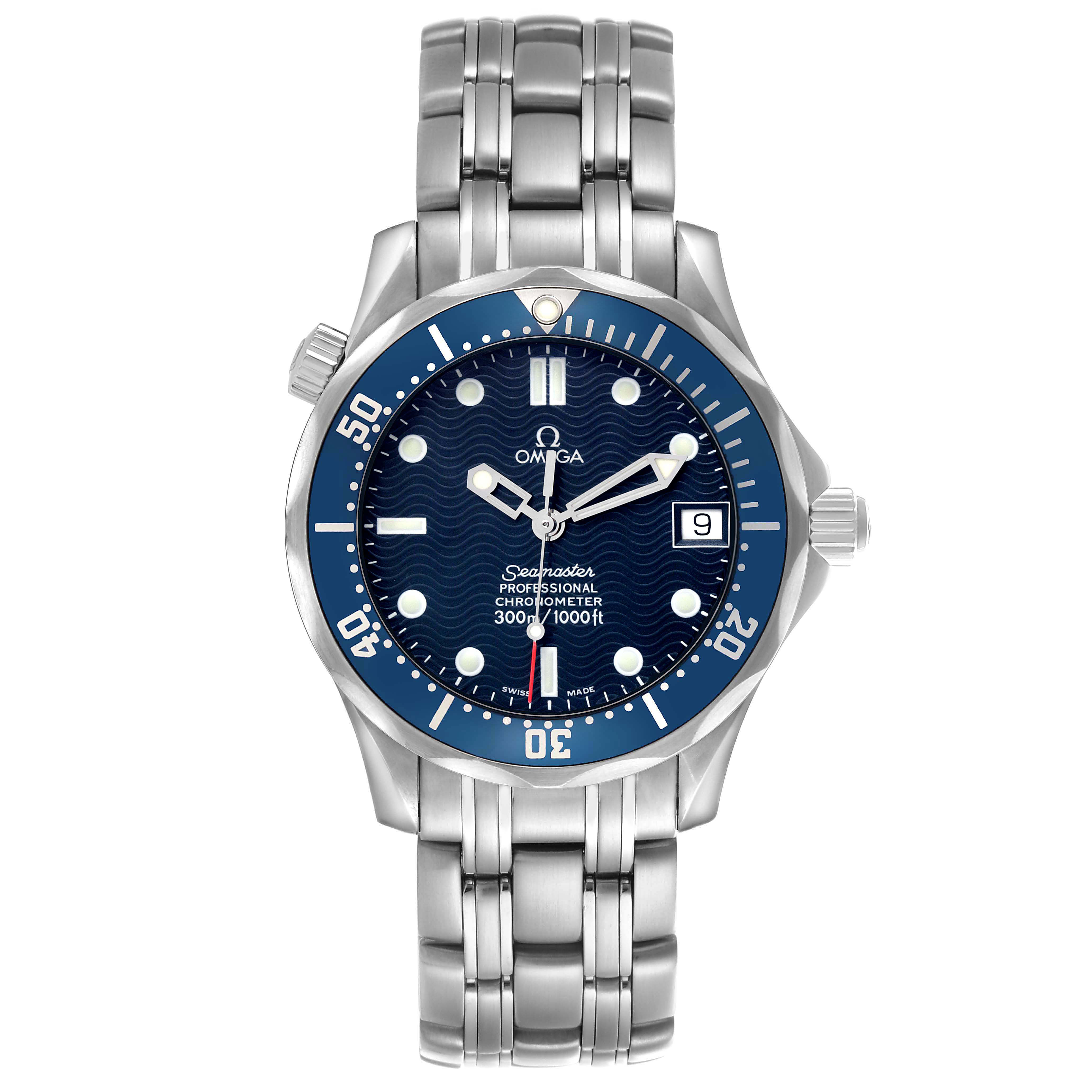 The Omega Seamaster 2551.80.00 Men's Stainless Steel Blue Dial watch is shown from a top-down angle, displaying the dial, bracelet, and bezel.