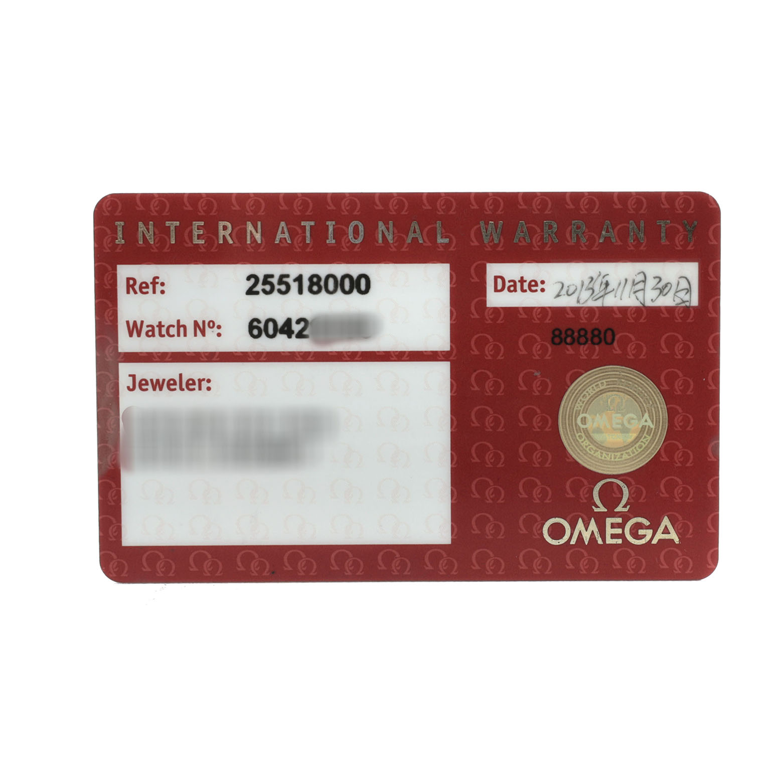 The image shows the international warranty card for the Omega Seamaster 2551.80.00 Men's Stainless Steel Blue Dial model, featuring reference and watch numbers.