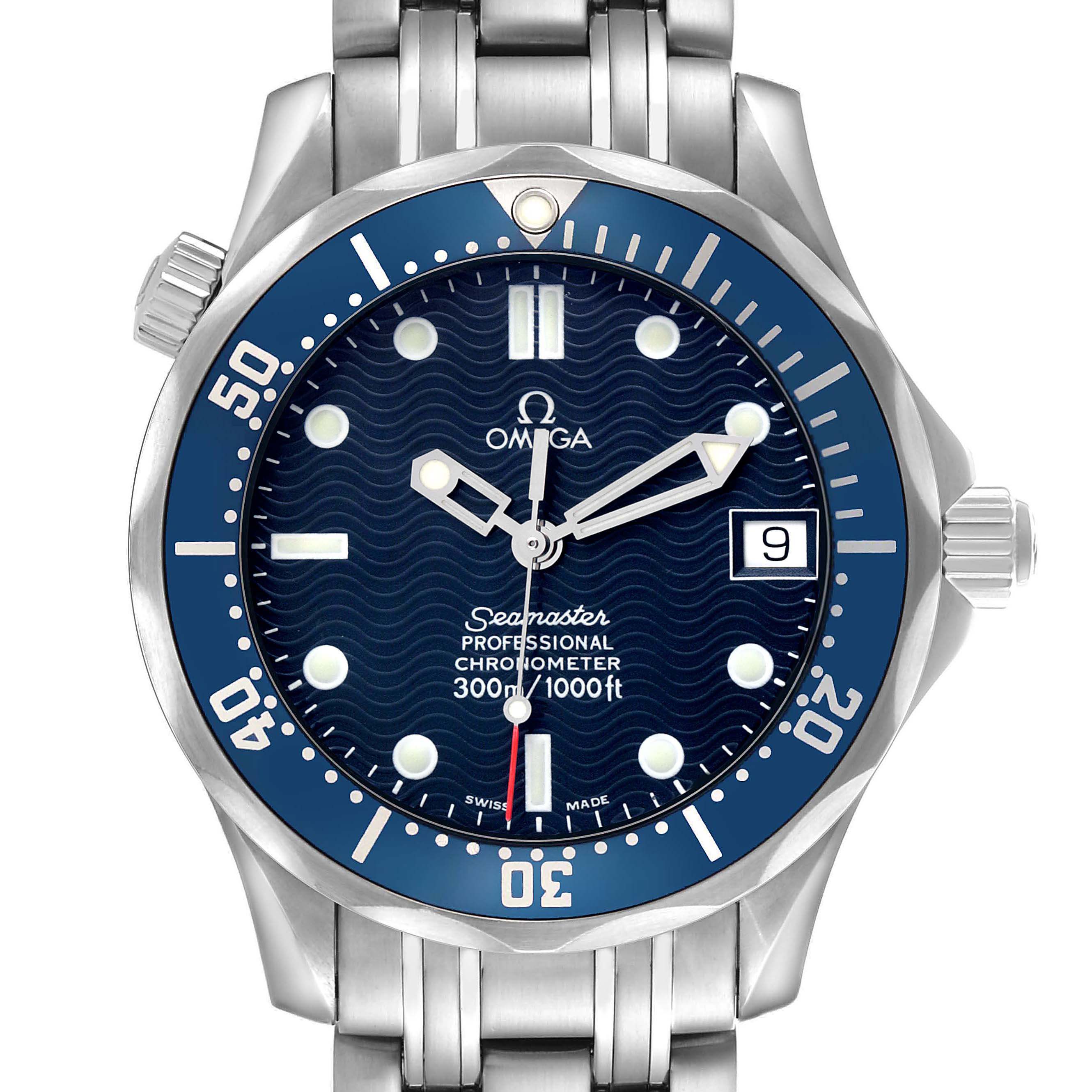 The Omega Seamaster 2551.80.00 Men's Stainless Steel Blue Dial watch is shown from the front, displaying the dial, bezel, crown, and part of the bracelet.