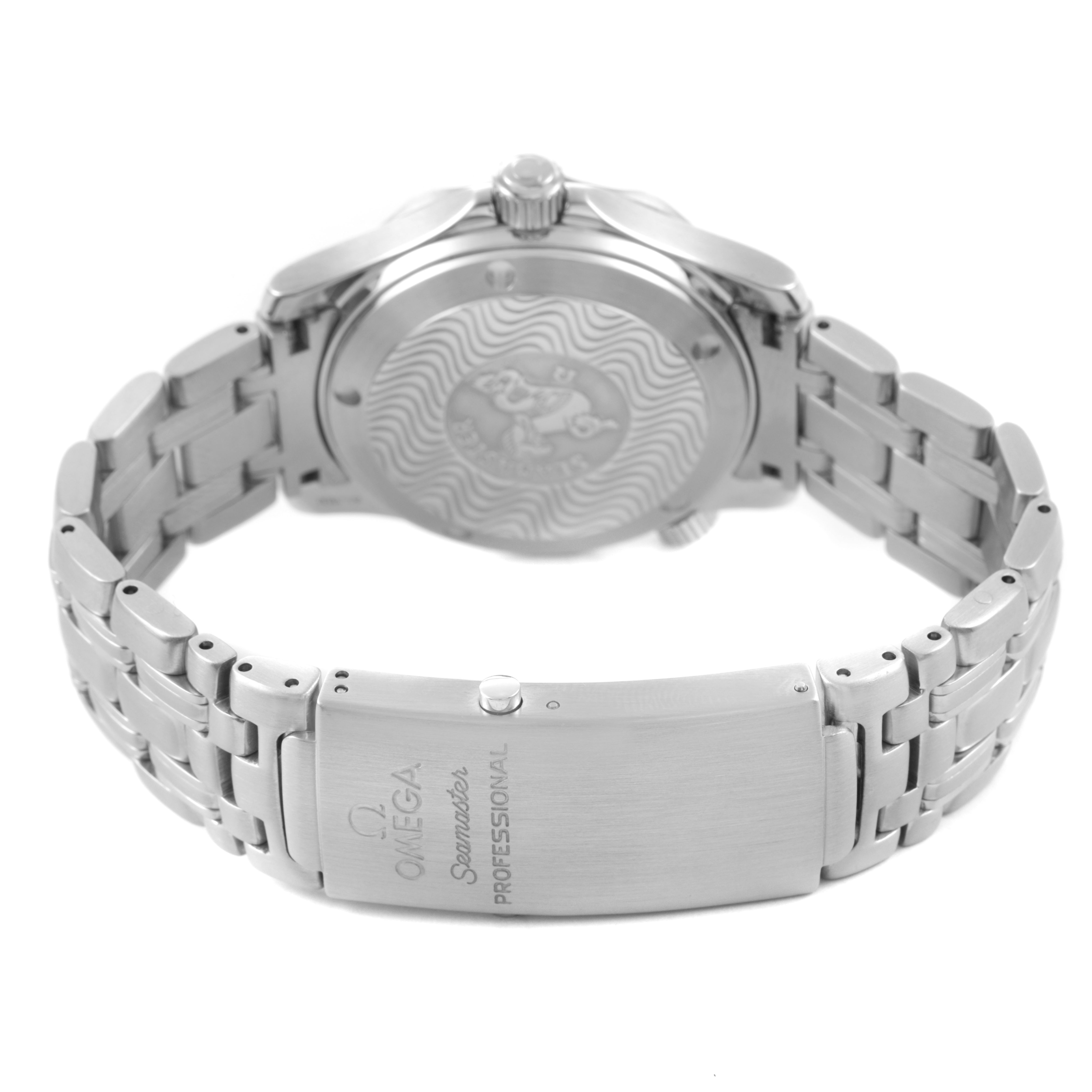 The Omega Seamaster 2551.80.00 Men's Stainless Steel Blue Dial watch is shown from the back, highlighting the bracelet, clasp, and engraved case back.
