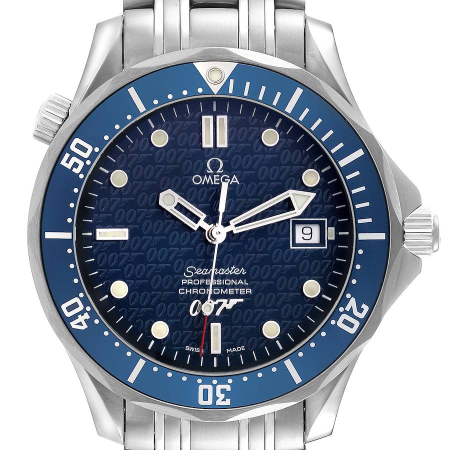 The image shows a front view of an Omega Seamaster watch, including the dial, bezel, and bracelet.