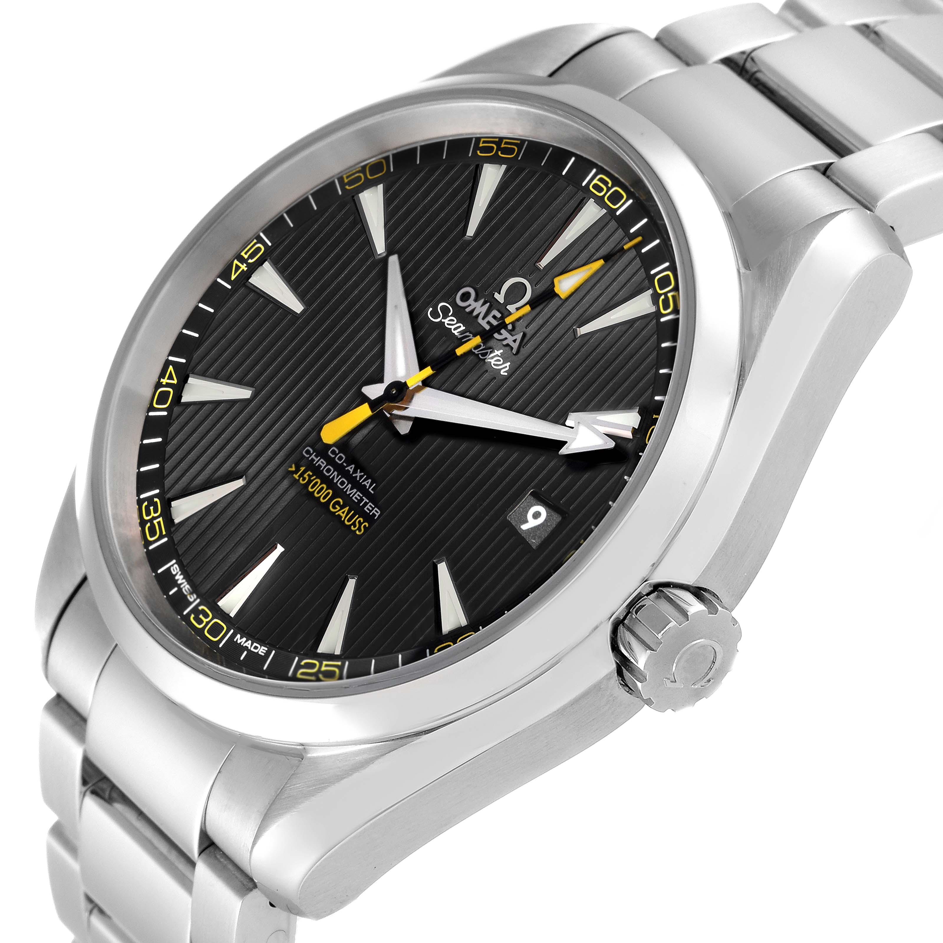 The image shows the face and part of the bracelet of the Omega Aqua Terra 231.10.42.21.01.002 Men's Stainless Steel Black Dial 231.10.42.21.01.002 Men's Stainless Steel Black Dial watch at an angled view.