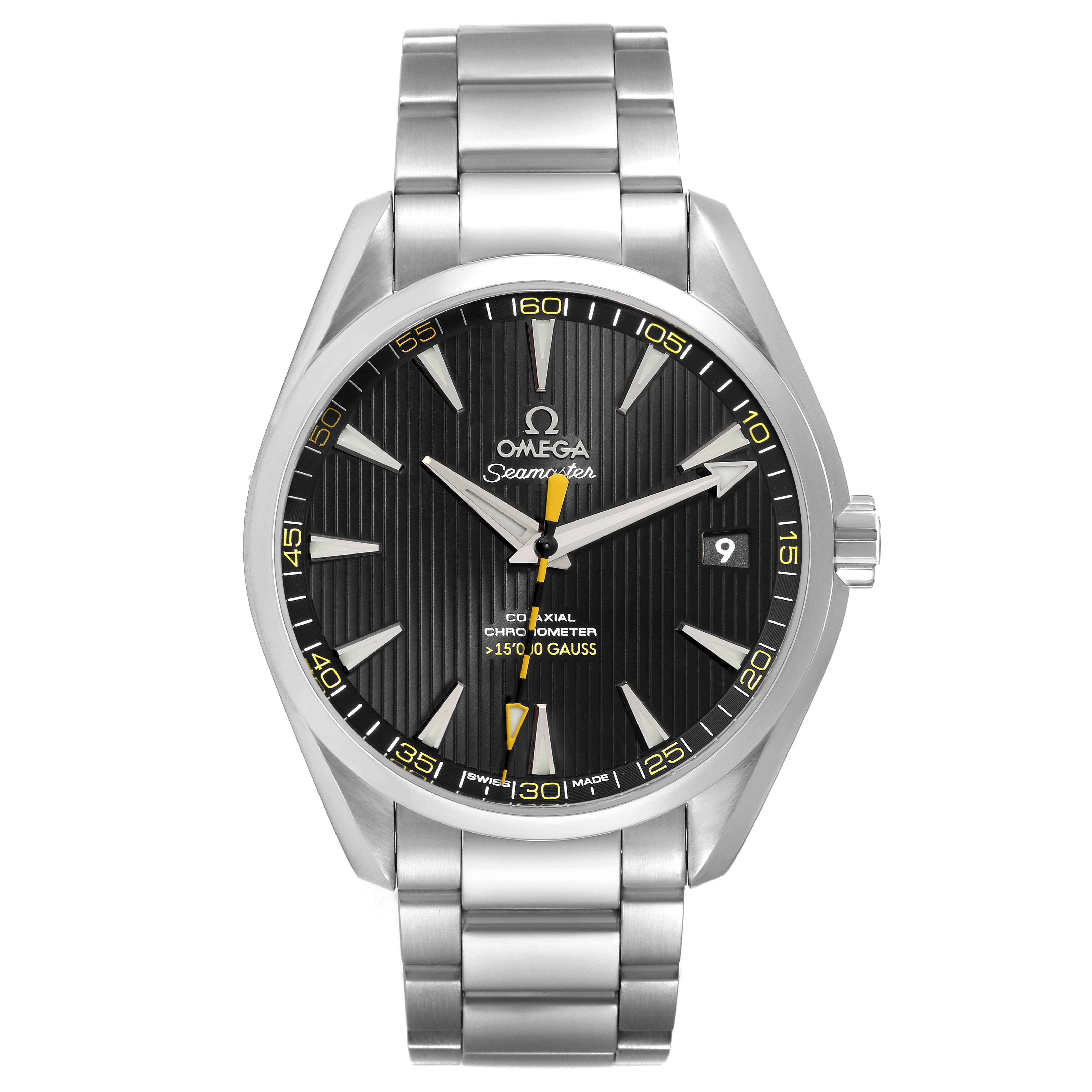 The image shows a frontal view of the Omega Aqua Terra 231.10.42.21.01.002 Men's Stainless Steel Black Dial 231.10.42.21.01.002 Men's Stainless Steel Black Dial Seamaster watch, displaying its dial, bezel, case, and bracelet.