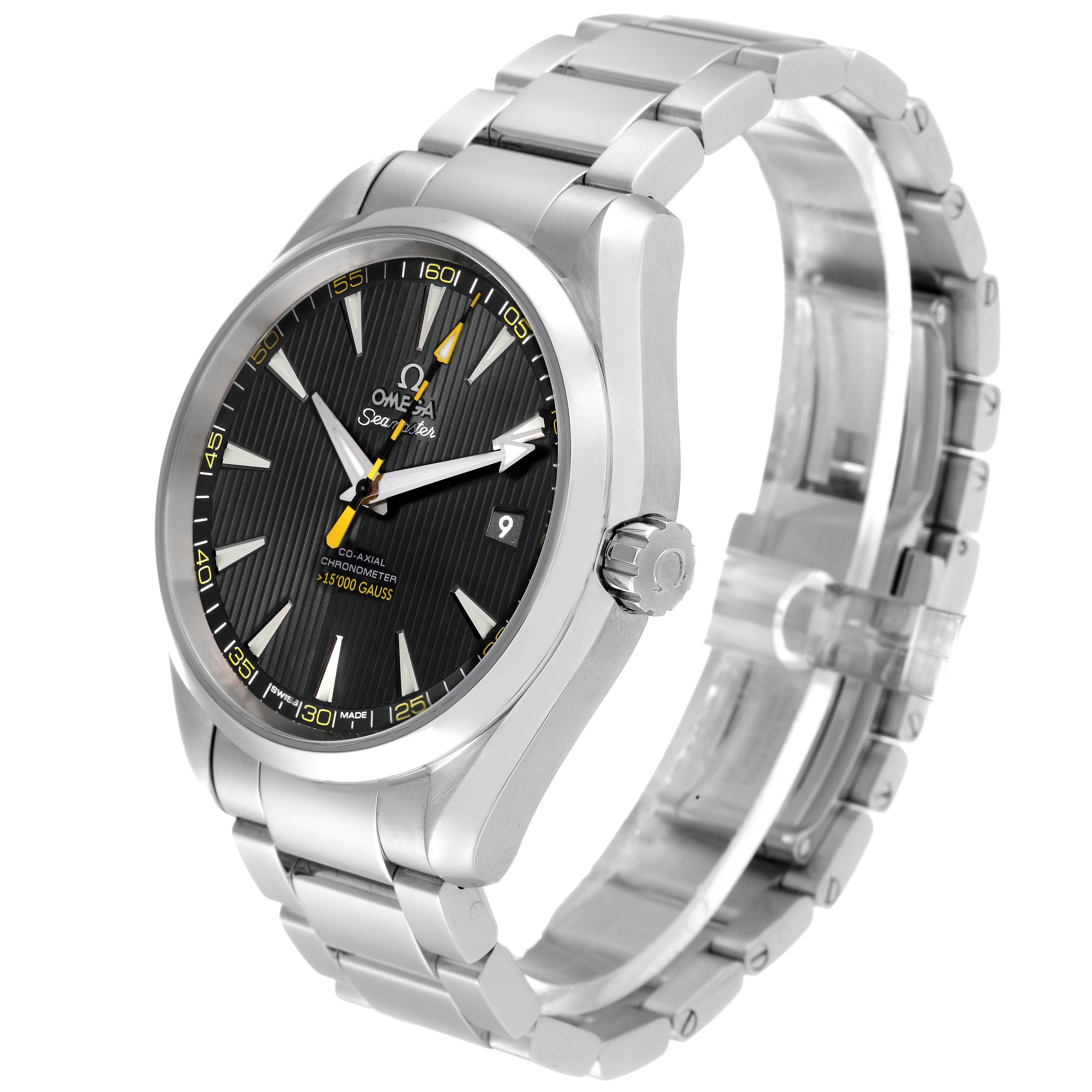 The Omega Aqua Terra 231.10.42.21.01.002 Men's Stainless Steel Black Dial 231.10.42.21.01.002 Men's Stainless Steel Black Dial watch is shown at an angle revealing the face, crown, and stainless steel bracelet.