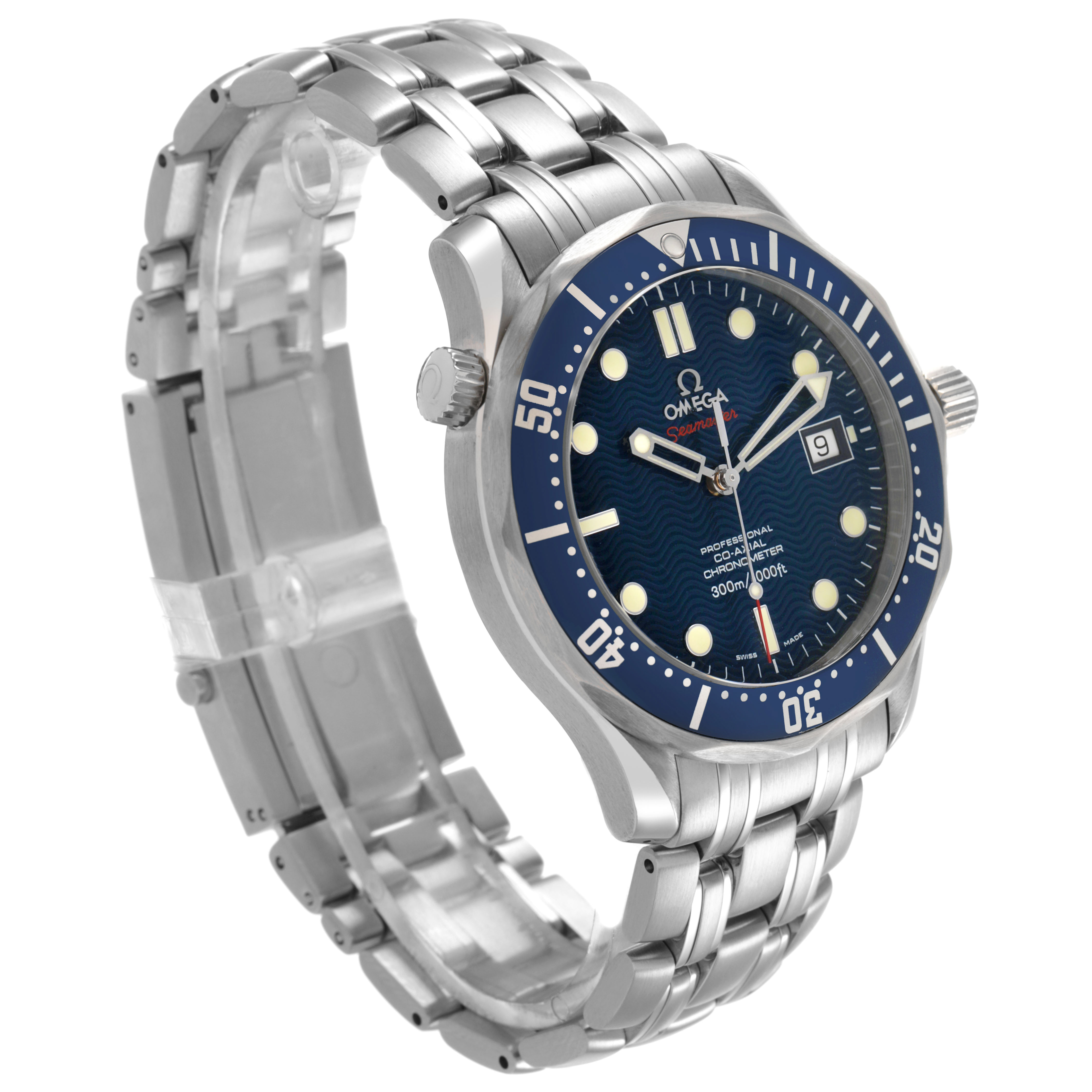 The Omega Seamaster 2220.80.00 Men's Stainless Steel Blue Dial watch is shown from a front-side angle, displaying the dial, bezel, bracelet, and crown.