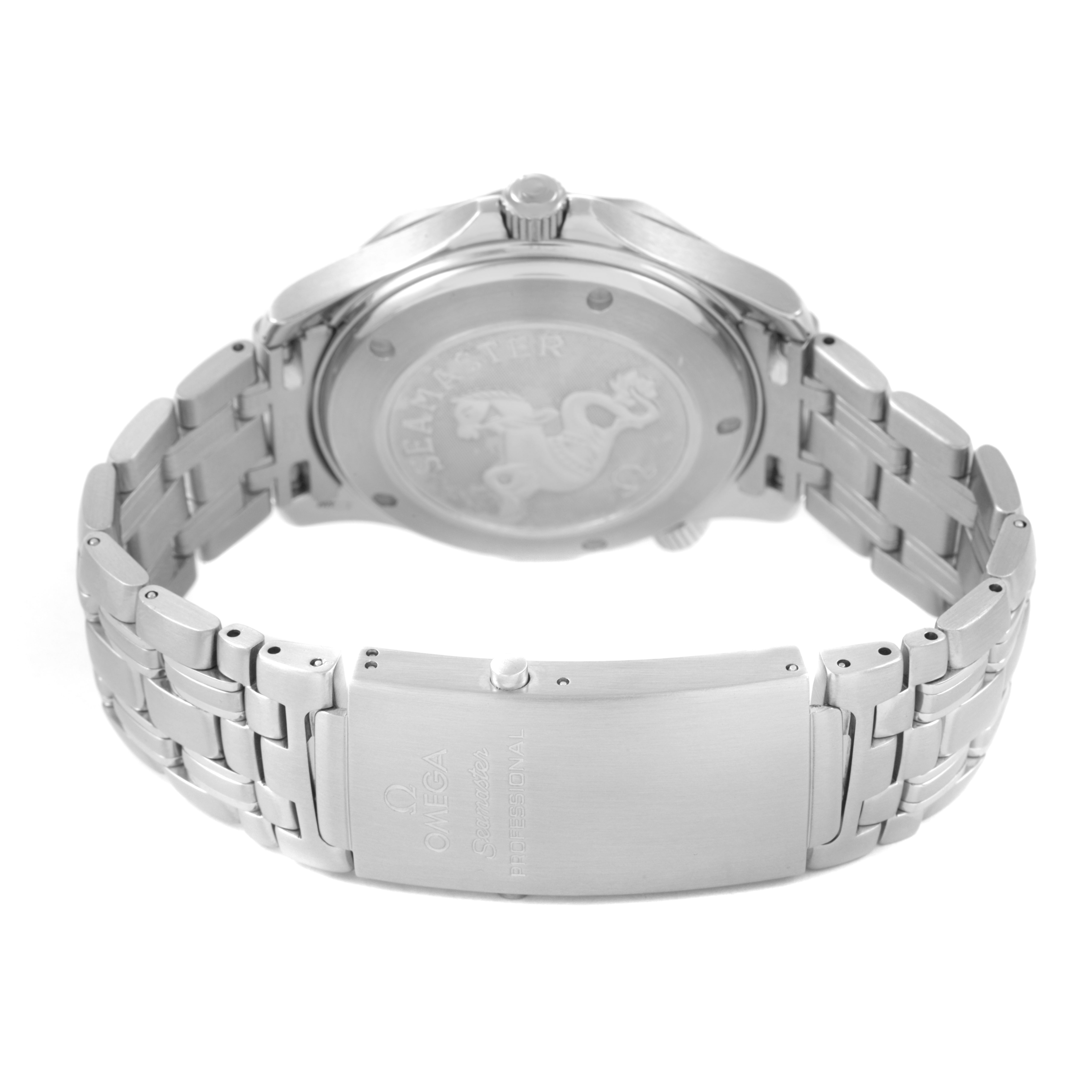 The Omega Seamaster 2220.80.00 Men's Stainless Steel Blue Dial watch is shown from the back, highlighting the case back and stainless steel bracelet clasp.