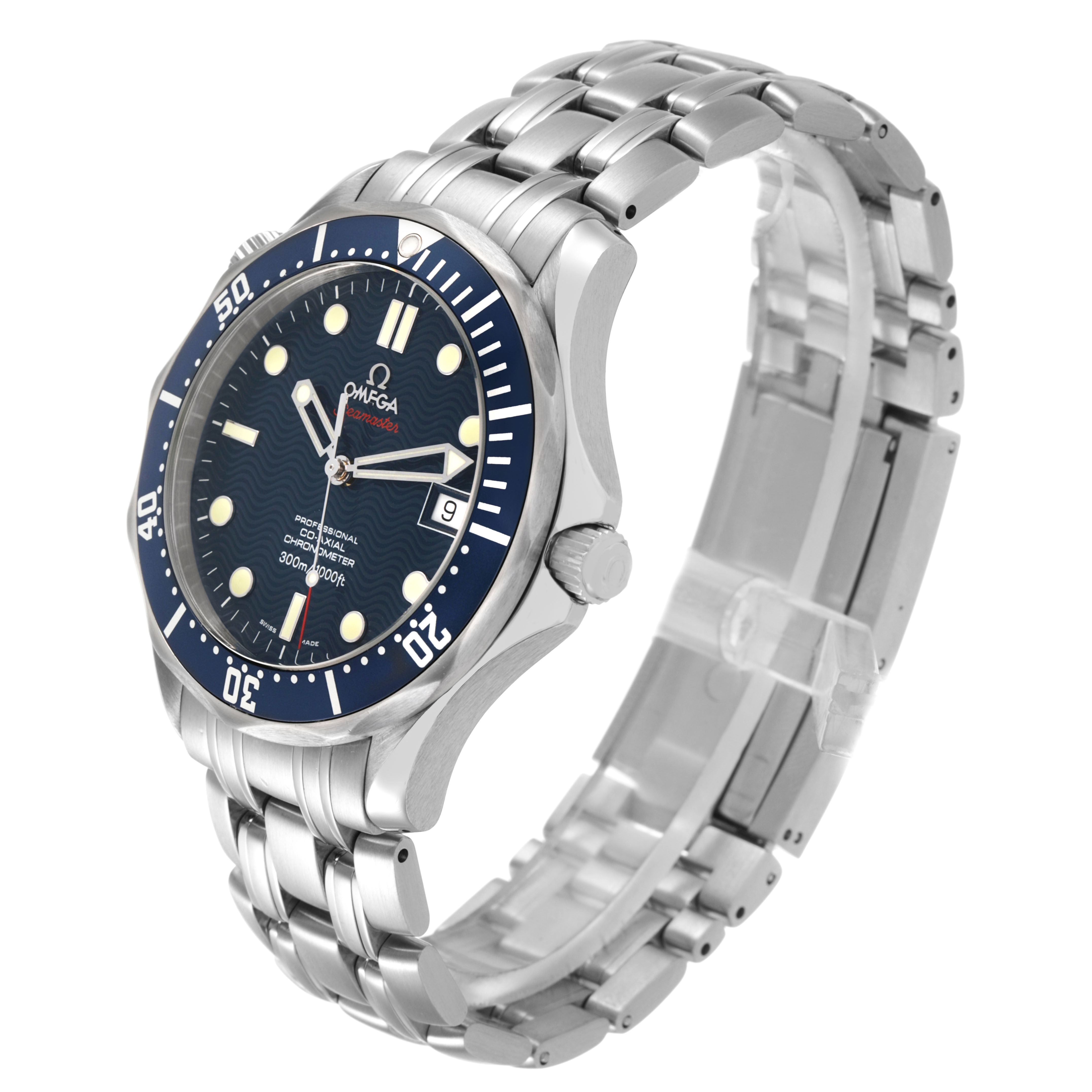 The Omega Seamaster 2220.80.00 Men's Stainless Steel Blue Dial watch is shown at a three-quarter angle displaying the face, bezel, and stainless steel bracelet.
