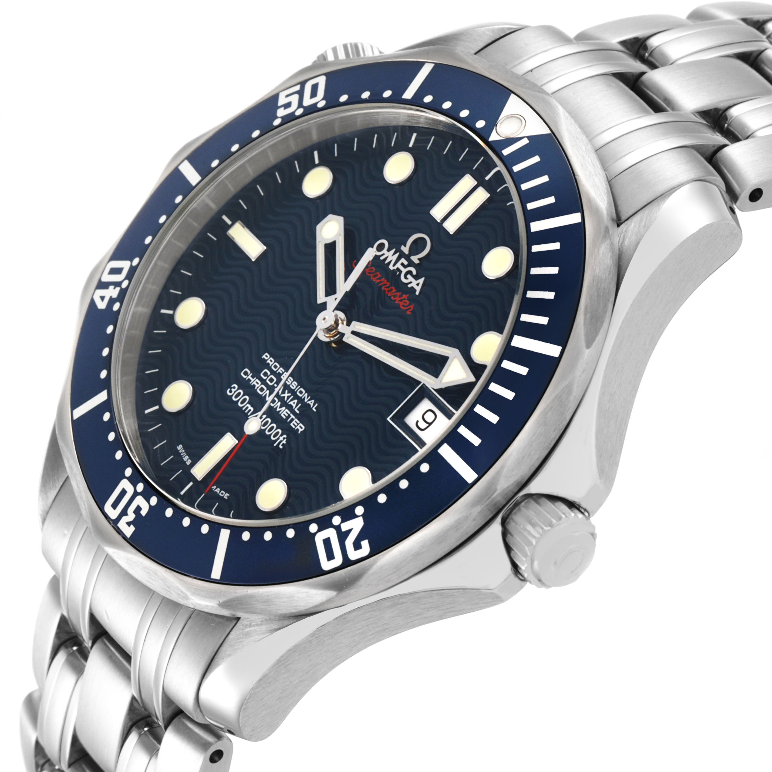The Omega Seamaster 2220.80.00 Men's Stainless Steel Blue Dial watch is shown at a side angle, highlighting the bezel, crown, bracelet, and part of the watch face.