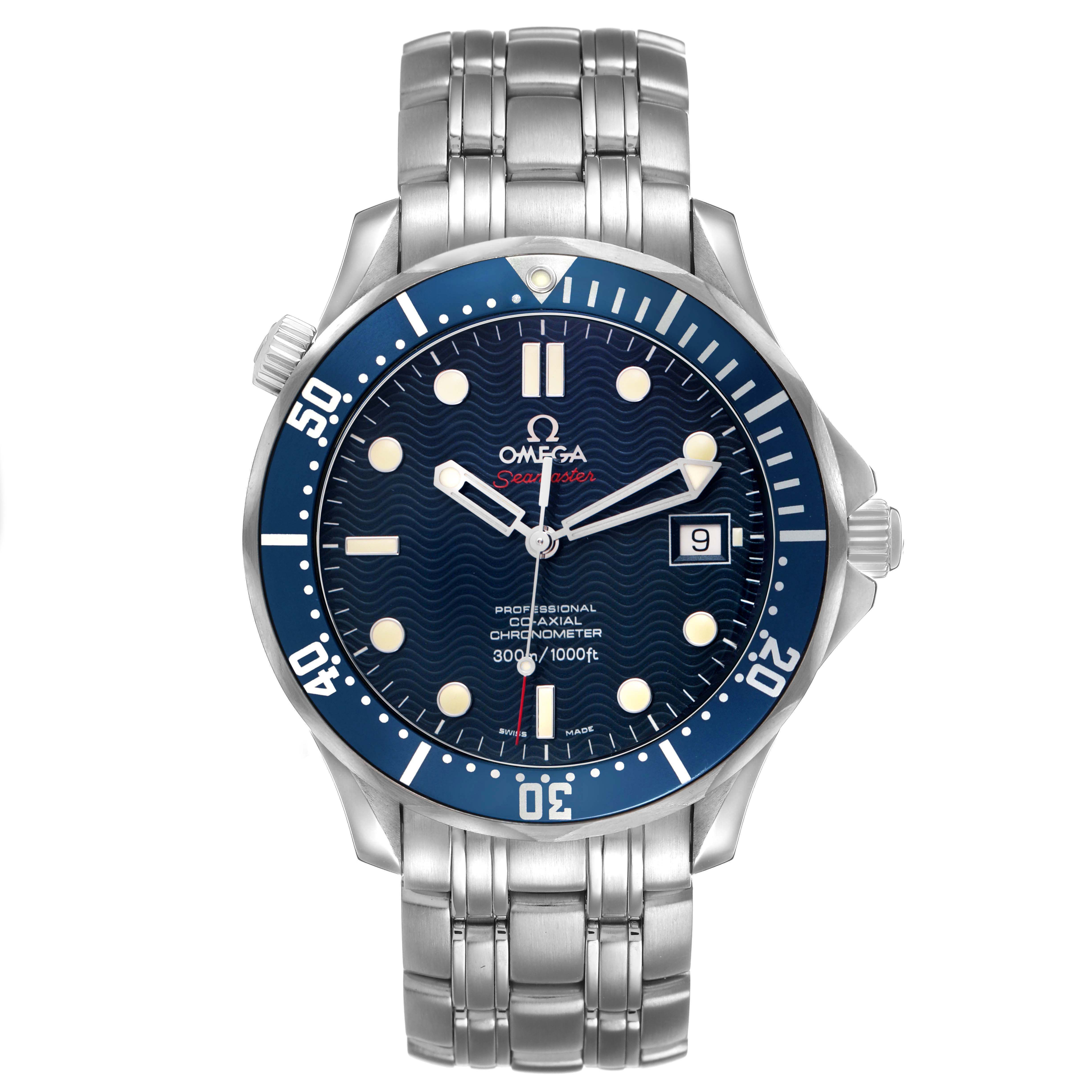 The Omega Seamaster 2220.80.00 Men's Stainless Steel Blue Dial watch is shown from a front angle, highlighting the bezel, dial, and bracelet.