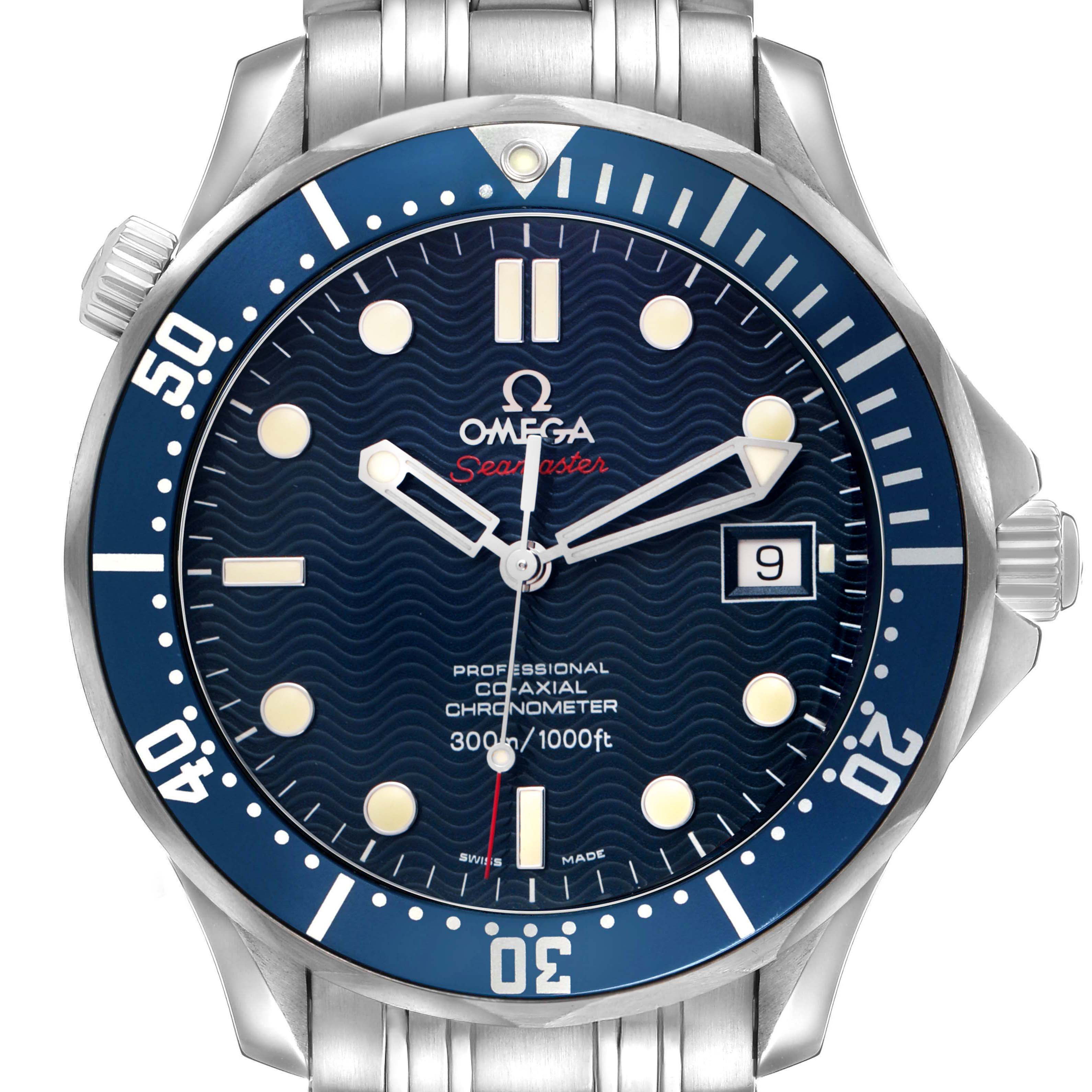 The Omega Seamaster 2220.80.00 Men's Stainless Steel Blue Dial watch is shown from a front angle, displaying the dial, bezel, hands, and part of the bracelet.