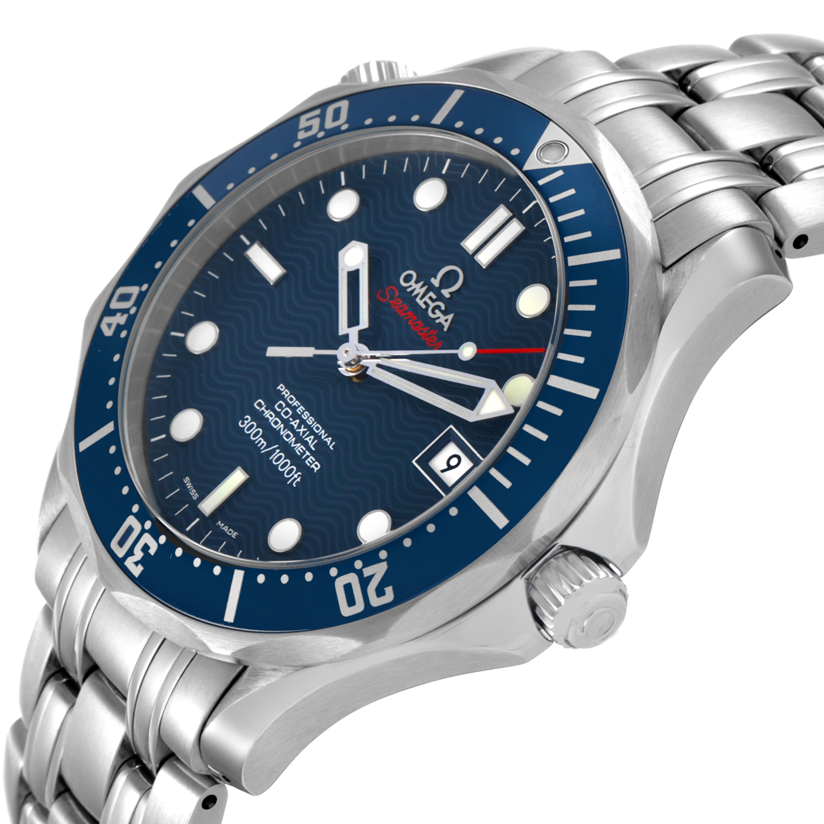 The Omega Seamaster 2220.80.00 Men's Stainless Steel Blue Dial watch is shown from a slight side angle, showcasing the dial, bezel, crown, and stainless steel bracelet.