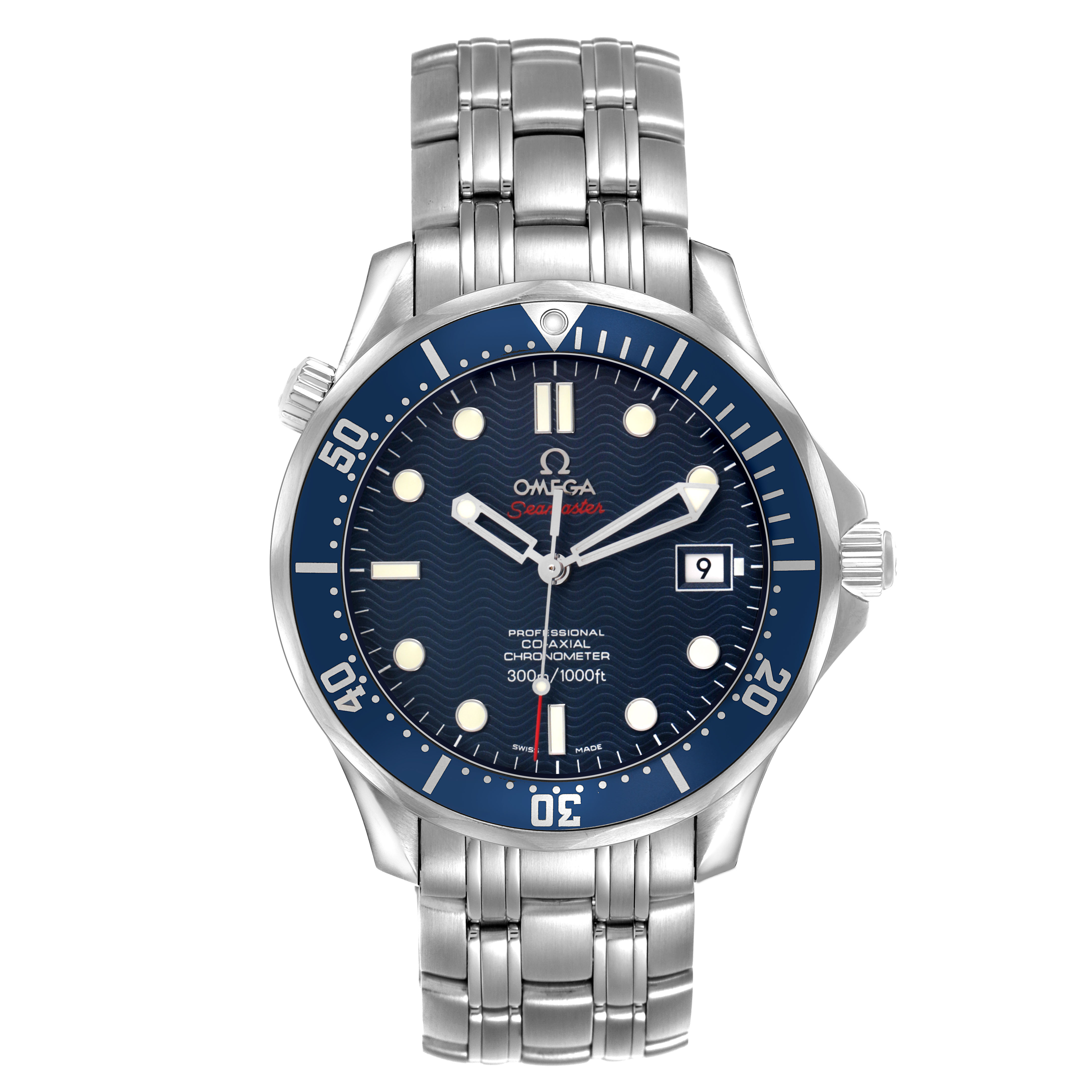 The Omega Seamaster 2220.80.00 Men's Stainless Steel Blue Dial watch is shown from a front angle, highlighting the face, bezel, and bracelet.