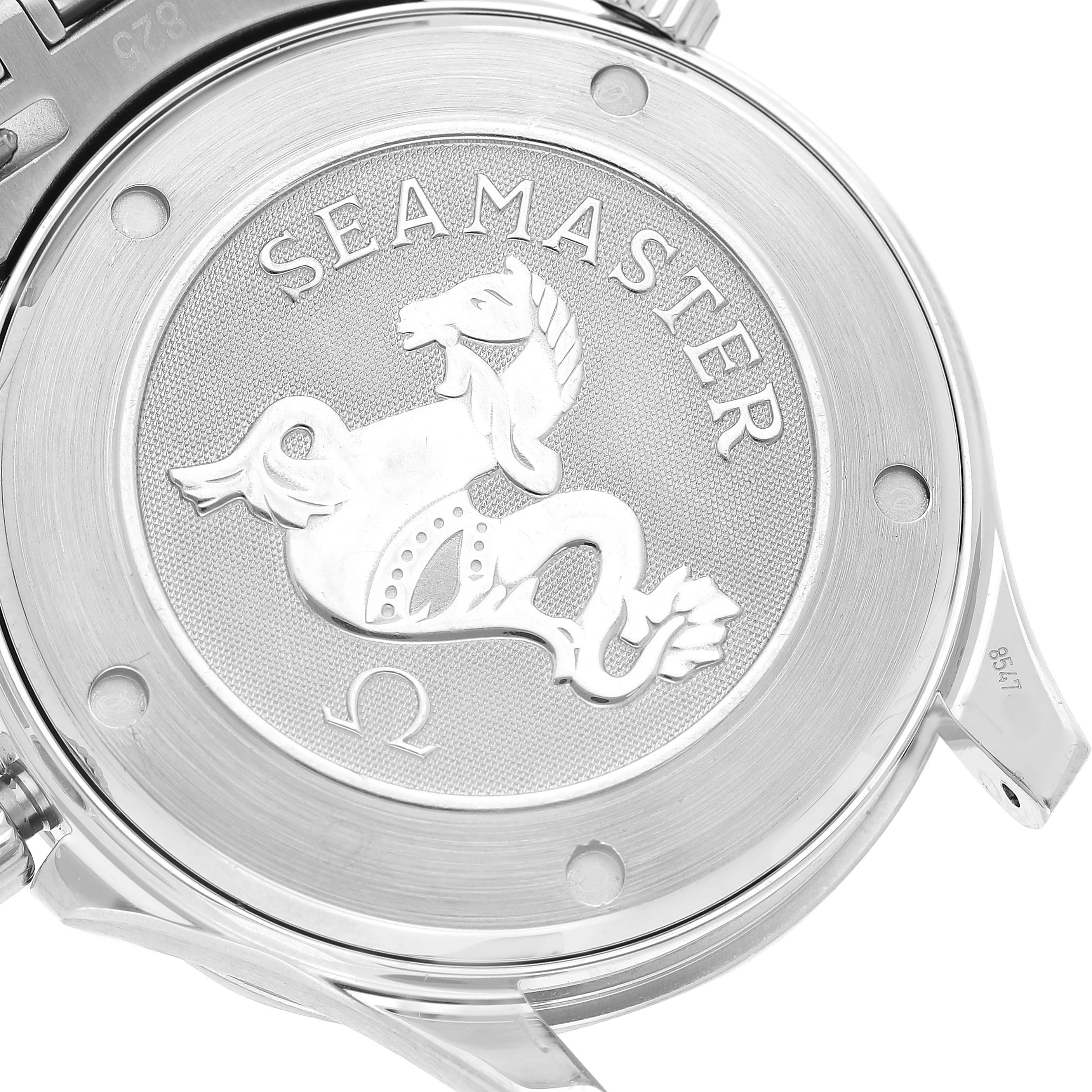 The image shows the case back of the Omega Seamaster 2220.80.00 Men's Stainless Steel Blue Dial, featuring an embossed seahorse emblem and branding.