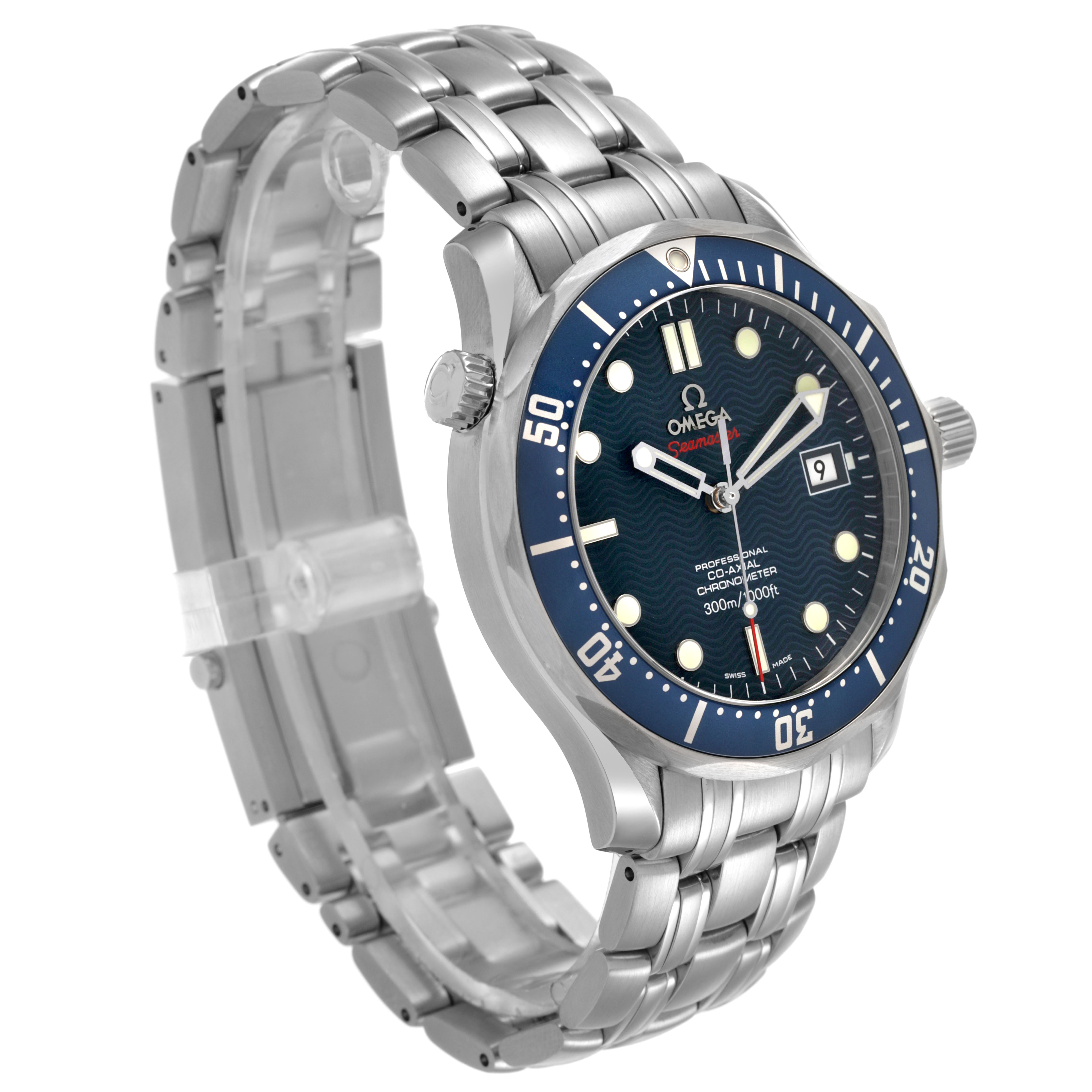 The Omega Seamaster 2220.80.00 Men's Stainless Steel Blue Dial watch is shown at a three-quarter angle, displaying the face, bezel, crown, and bracelet.
