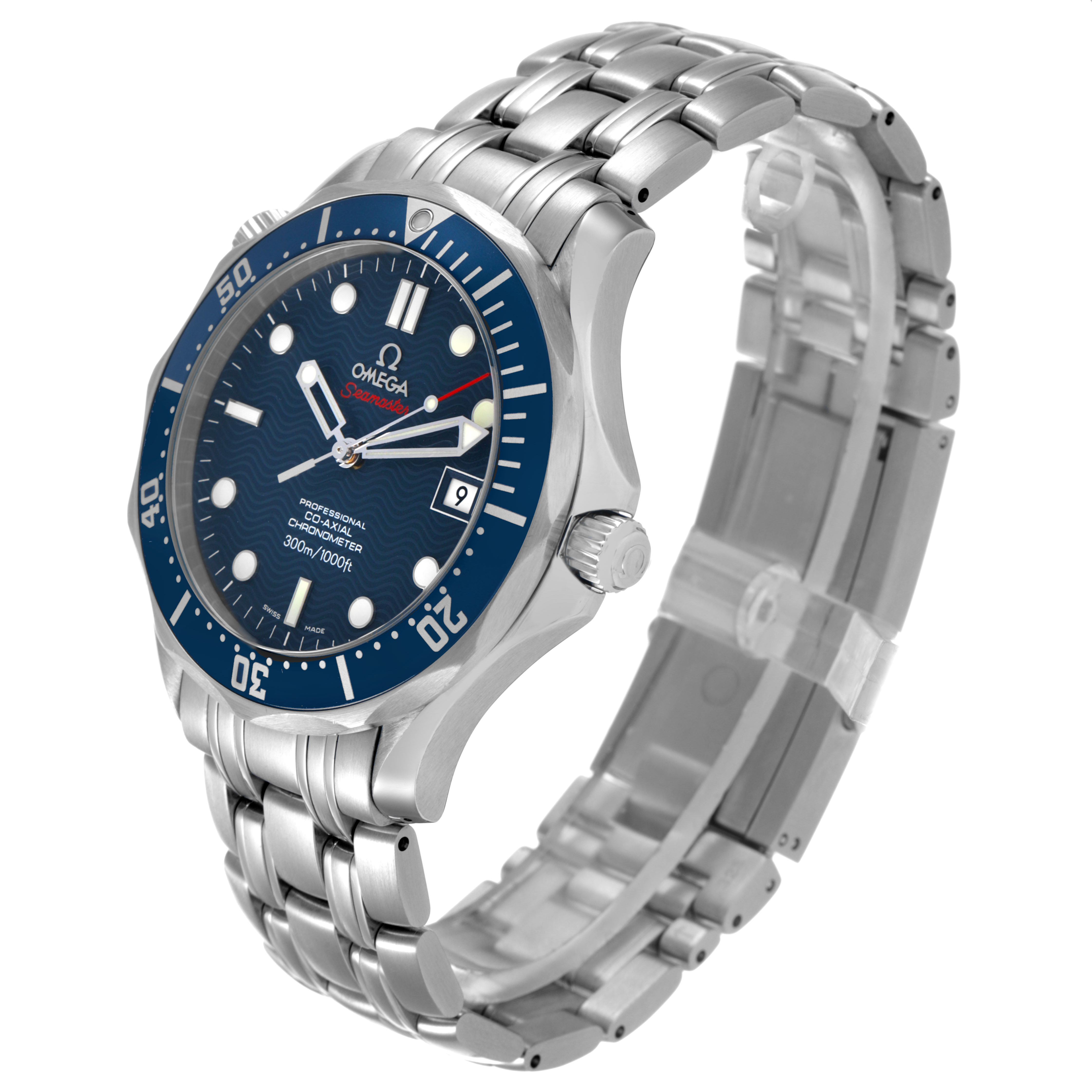 The image shows an angled view of an Omega Seamaster 2220.80.00 Men's Stainless Steel Blue Dial watch, highlighting the face, bezel, bracelet, and crown.