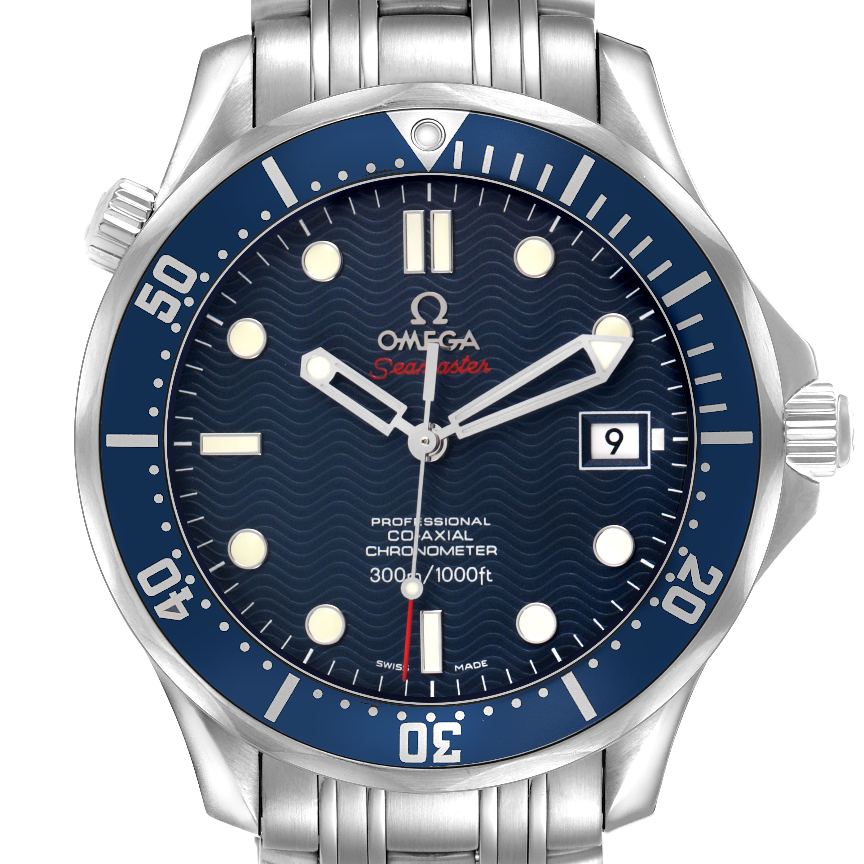 The Omega Seamaster 2220.80.00 Men's Stainless Steel Blue Dial watch is shown from the front, featuring its dial, bezel, crown, and part of the bracelet.