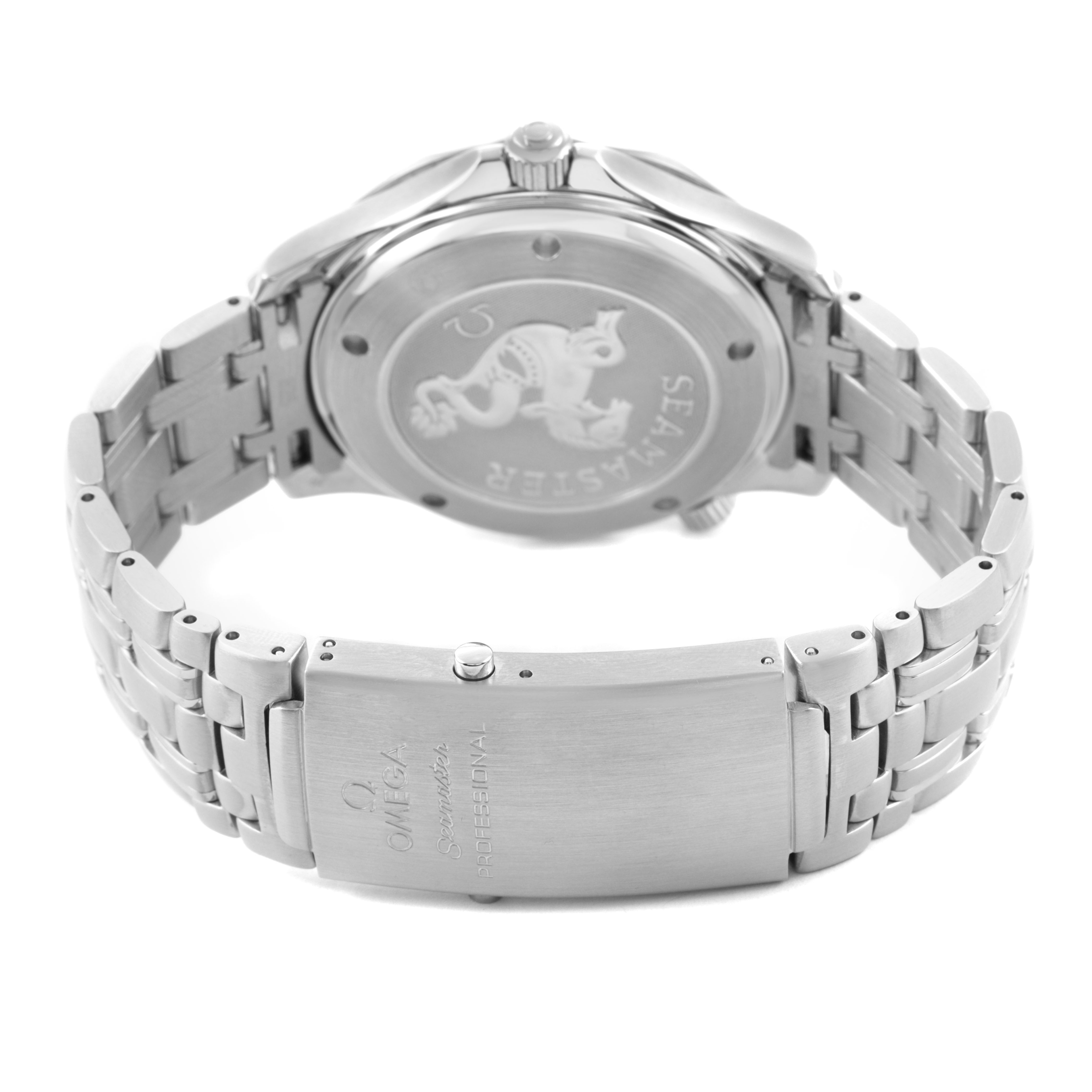 The image shows the back of the Omega Seamaster 2220.80.00 Men's Stainless Steel Blue Dial watch, focusing on the case back and metal bracelet with a clasp.