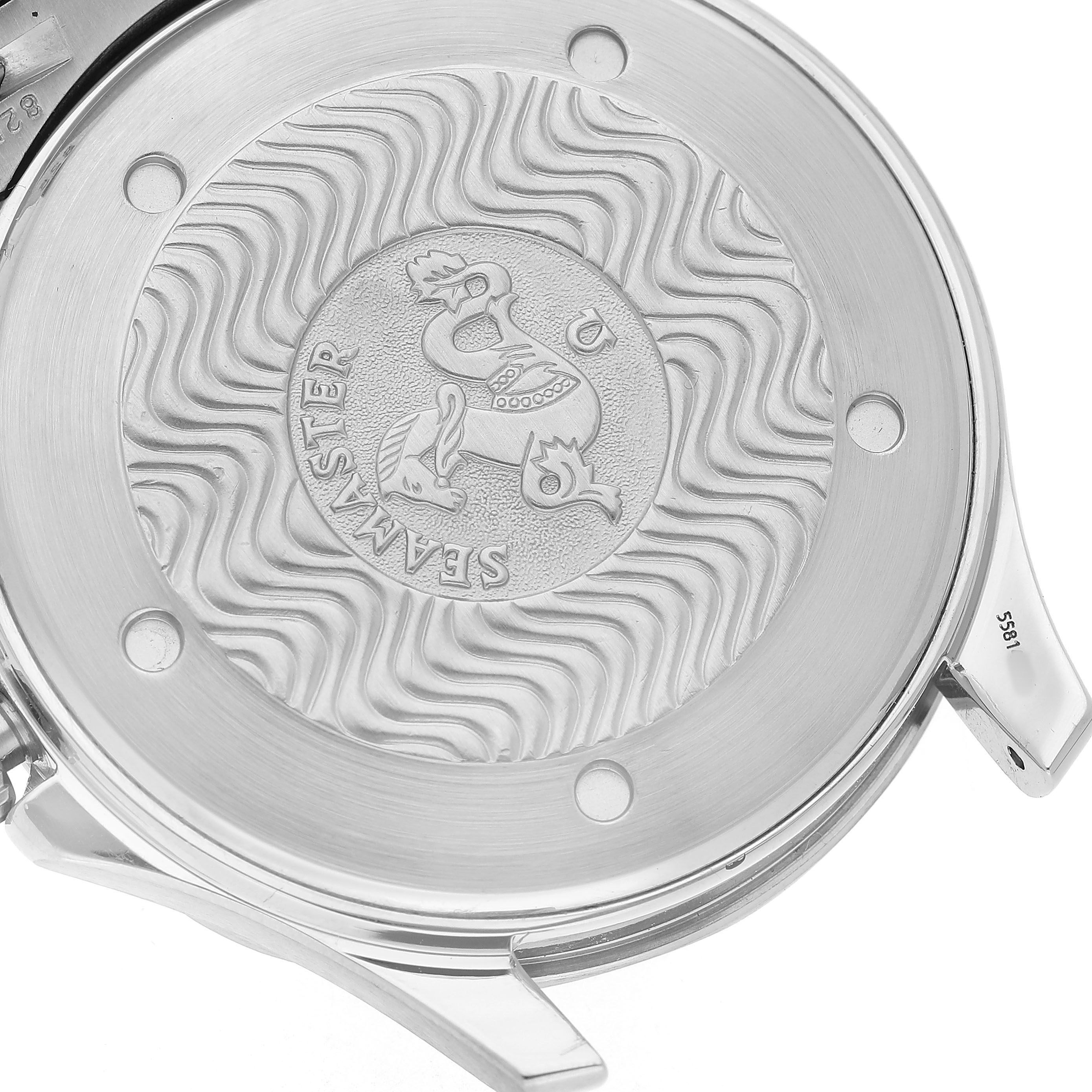 The image shows the back case of the Omega Seamaster 2541.80.00 Men's Stainless Steel Blue Dial watch featuring its engraved emblem and wave pattern.