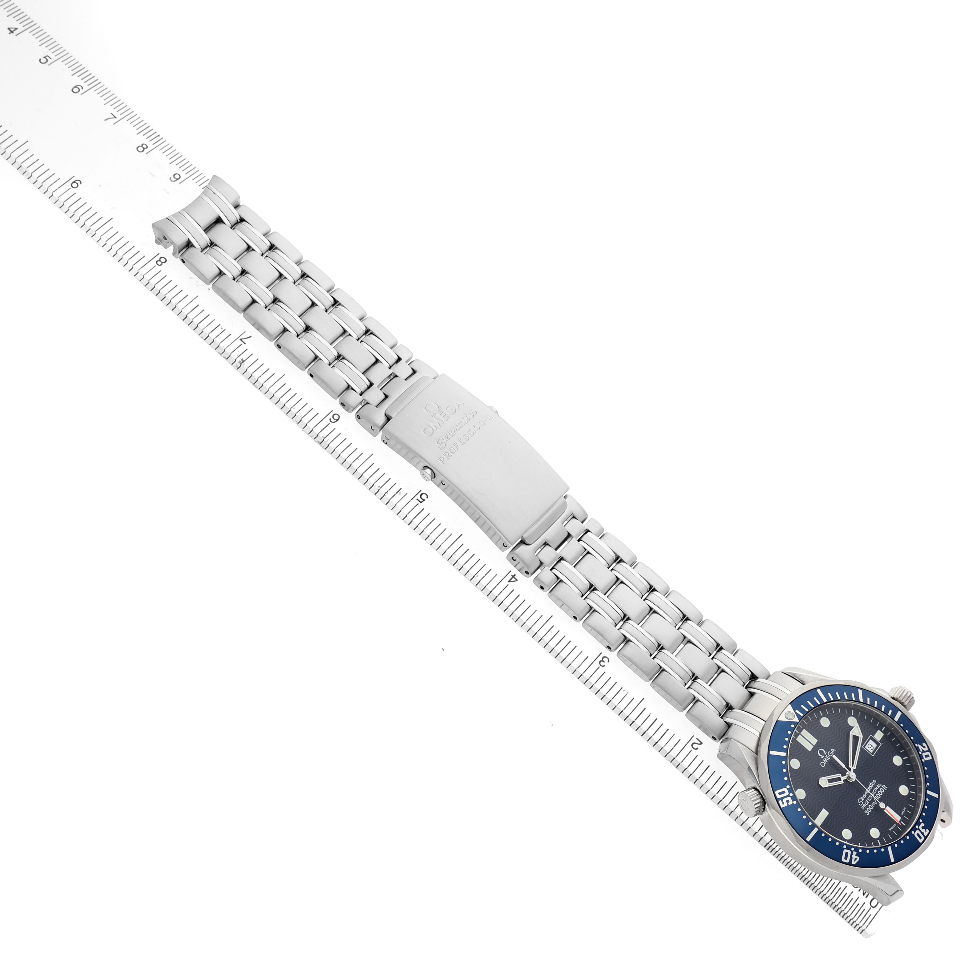 The Omega Seamaster 2541.80.00 Men's Stainless Steel Blue Dial watch is shown from an overhead angle, displaying the bracelet, clasp, and face.
