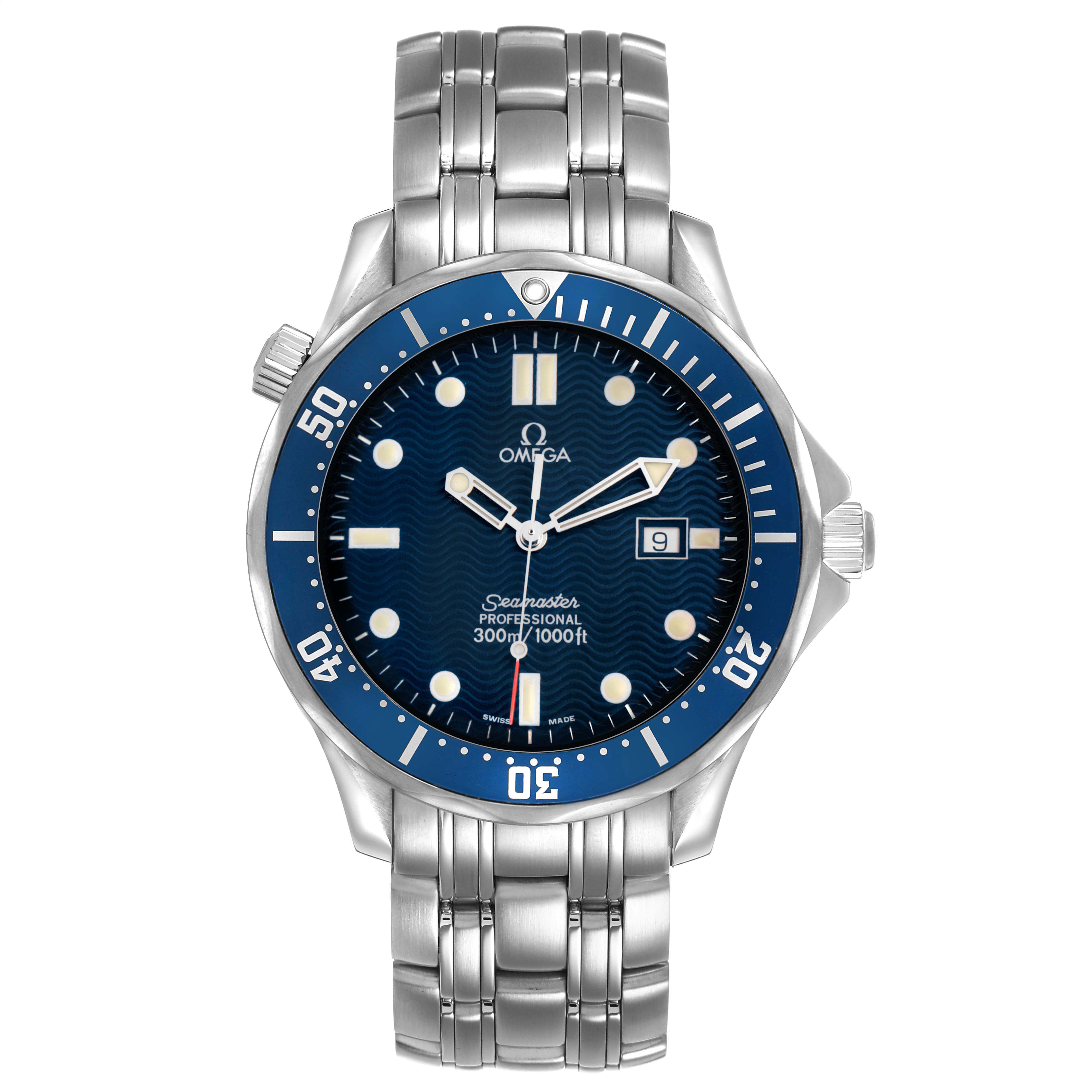 The Omega Seamaster 2541.80.00 Men's Stainless Steel Blue Dial watch is shown from the front, displaying the dial, bezel, bracelet, and crown.