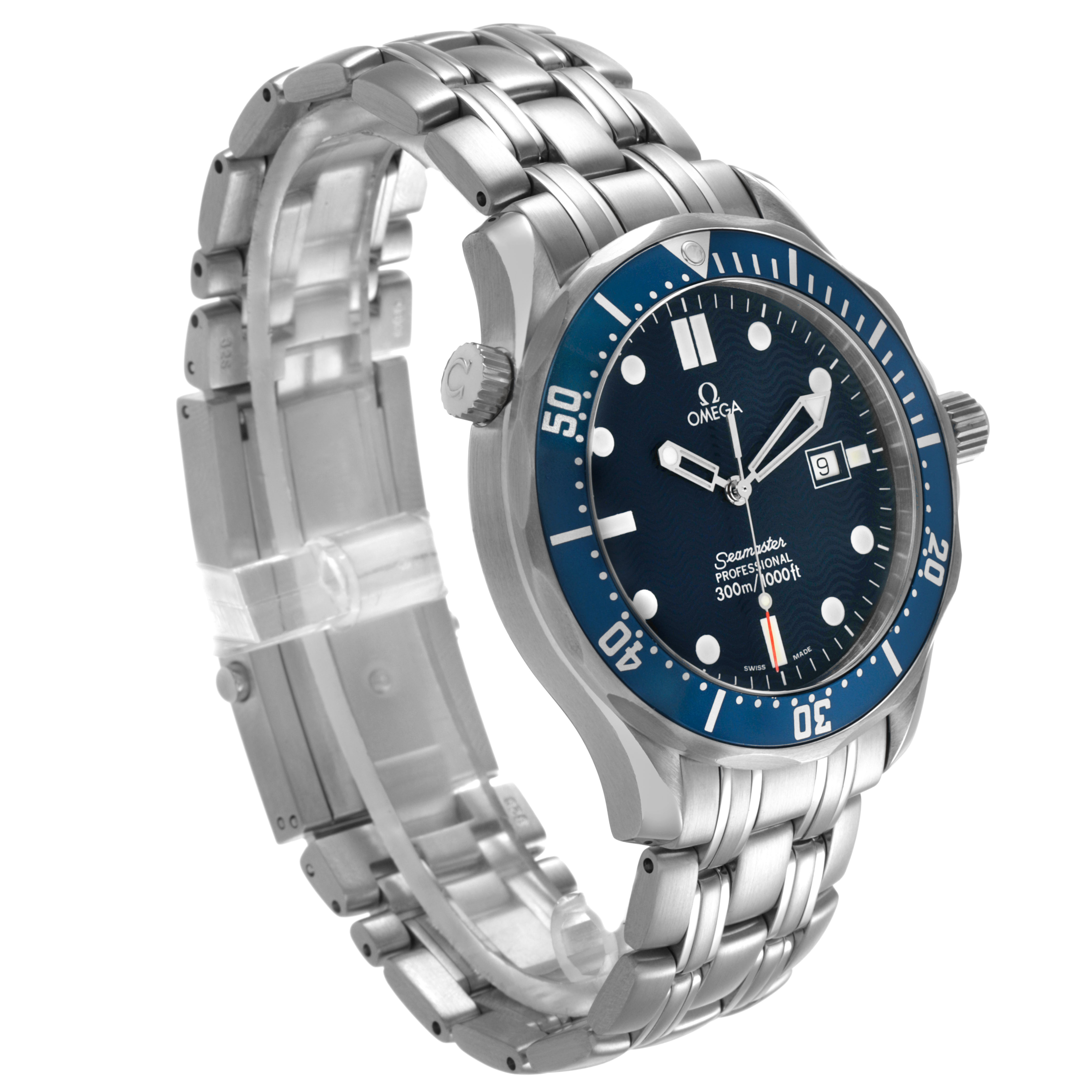The Omega Seamaster 2541.80.00 Men's Stainless Steel Blue Dial watch is shown at an oblique angle, highlighting the dial, bezel, crown, and stainless steel bracelet.