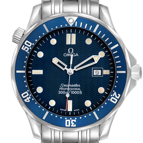 The Omega Seamaster 2541.80.00 Men's Stainless Steel Blue Dial watch is shown from the front, highlighting the dial, bezel, and crown.
