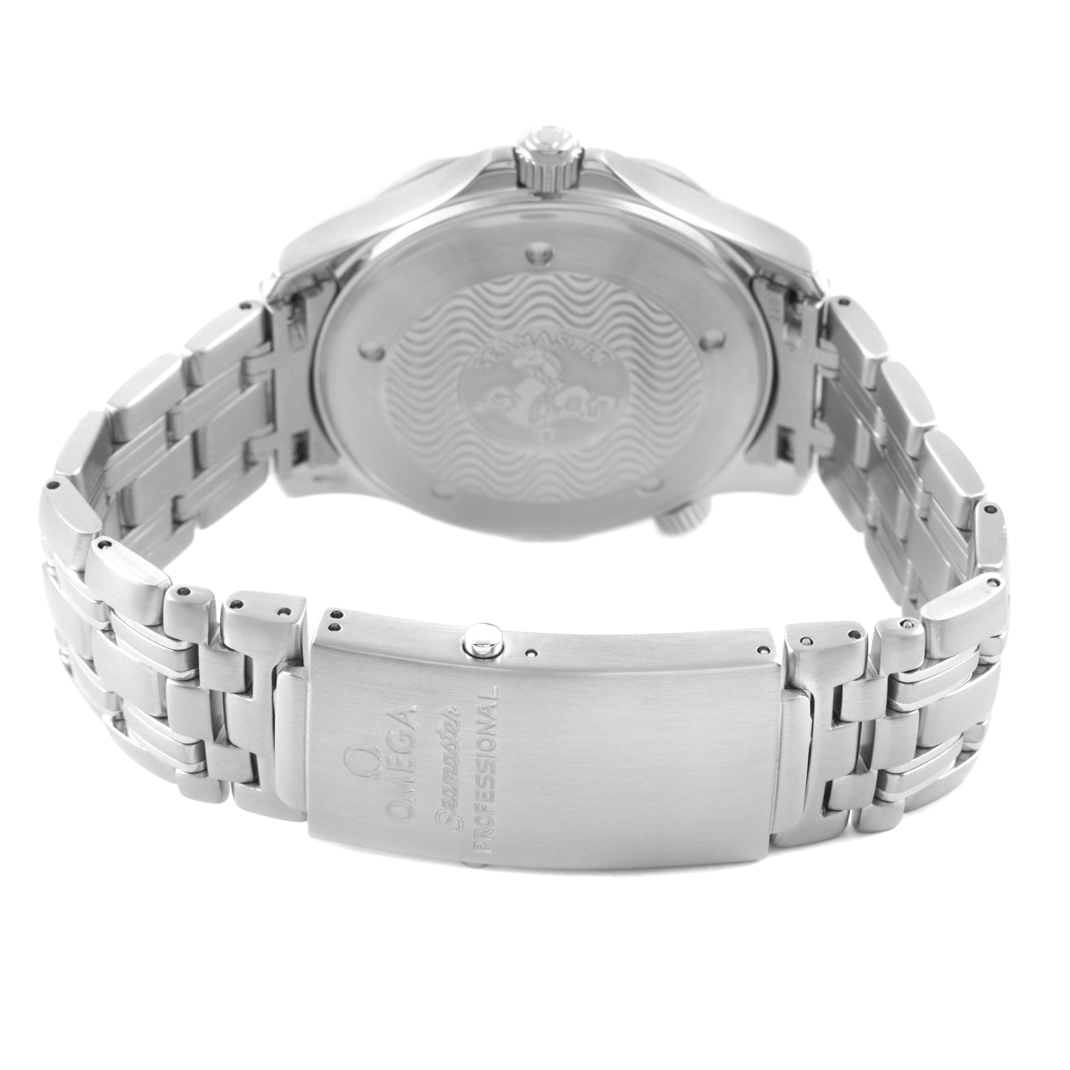 The Omega Seamaster 2541.80.00 Men's Stainless Steel Blue Dial watch is shown from the back, displaying the case back and stainless steel bracelet clasp.