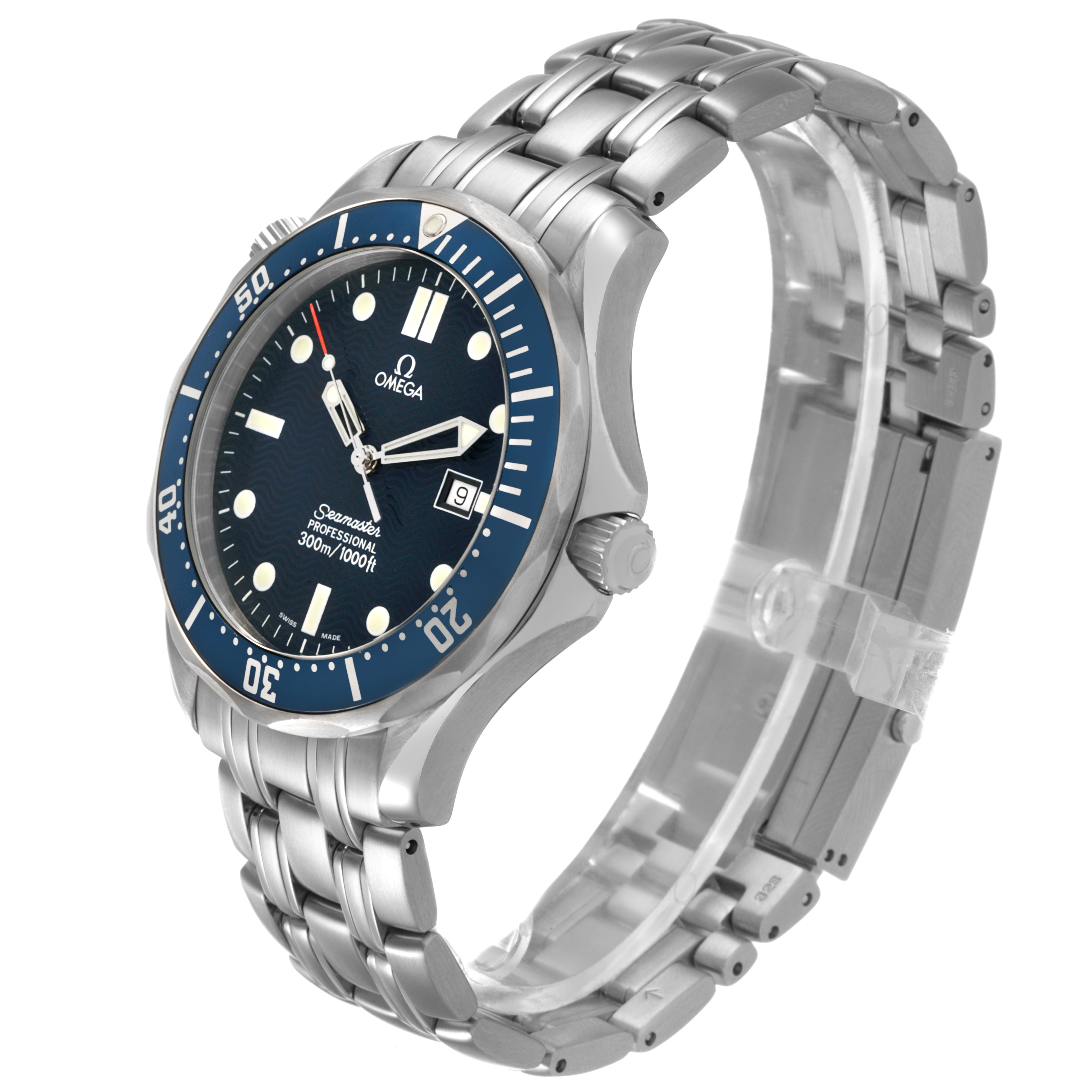 The Omega Seamaster 2541.80.00 Men's Stainless Steel Blue Dial watch is shown at a three-quarter angle, displaying its face, bezel, crown, and stainless steel bracelet.