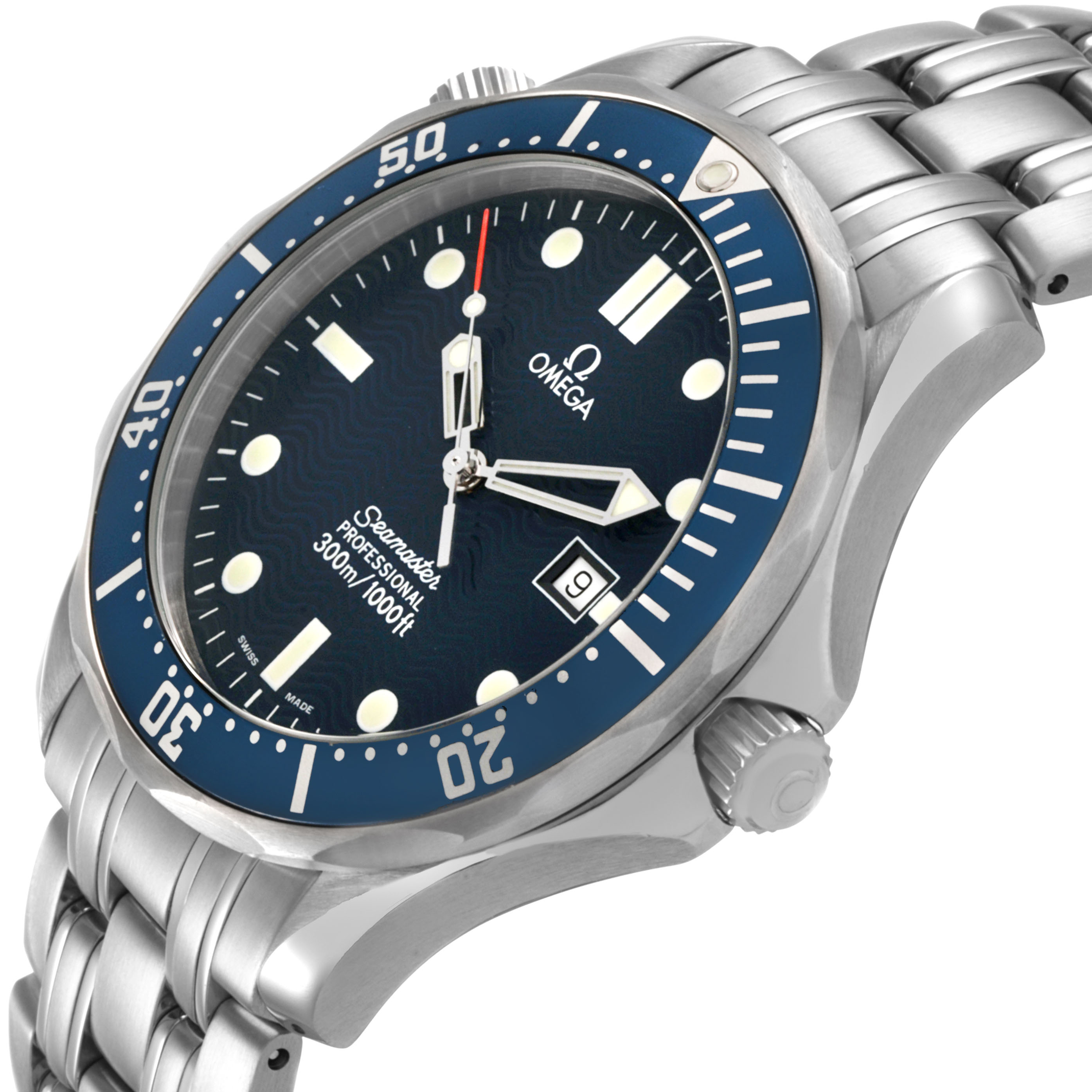 The Omega Seamaster 2541.80.00 Men's Stainless Steel Blue Dial watch is shown at an angled view displaying the face, bezel, crown, and metal bracelet.